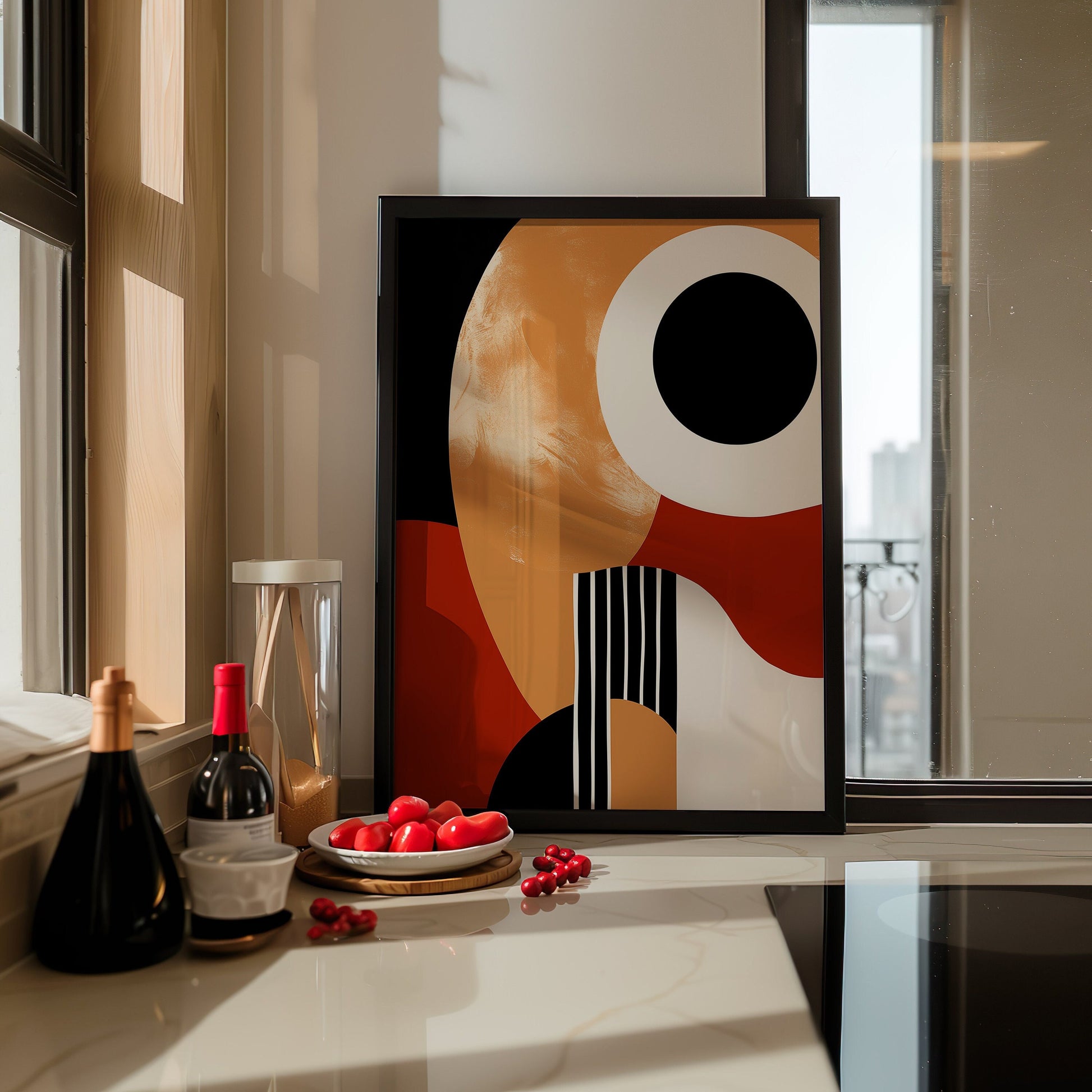 A bold abstract poster featuring black and red geometric shapes, leaning against a rustic wall in a room with a red chair and wooden flooring.