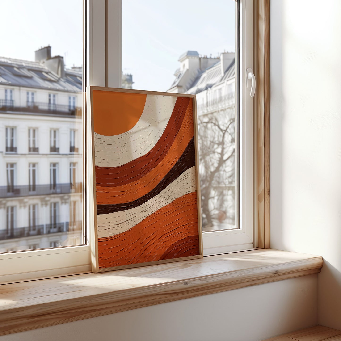 A modern abstract wall art poster featuring warm earthy tones of orange, brown, and beige with textured patterns, displayed on a metal shelf in a cozy living room setting.