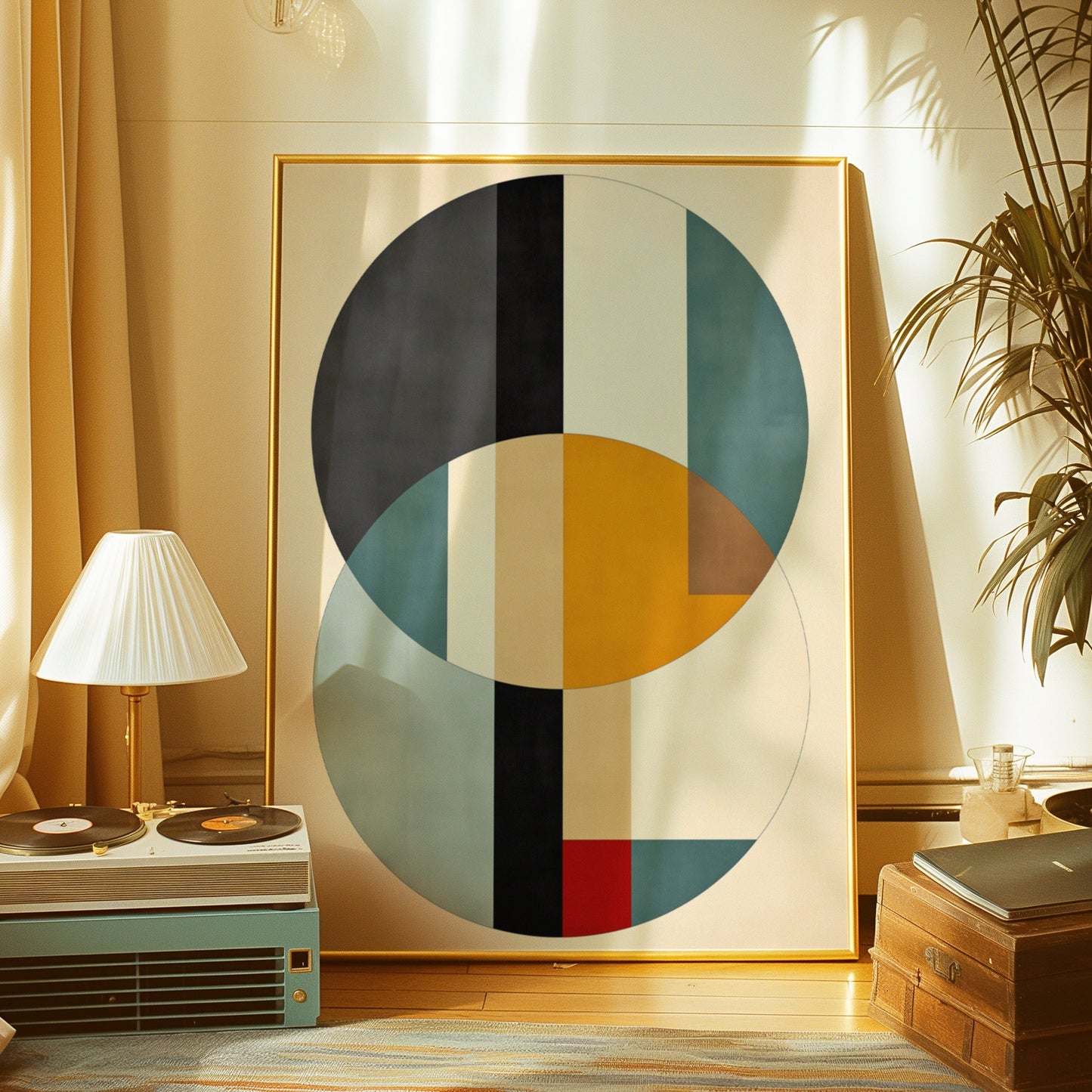 A geometric abstract art print featuring intersecting shapes in blue, yellow, black, and red tones, leaning against a wall in a retro-styled room with a turntable and a lamp.