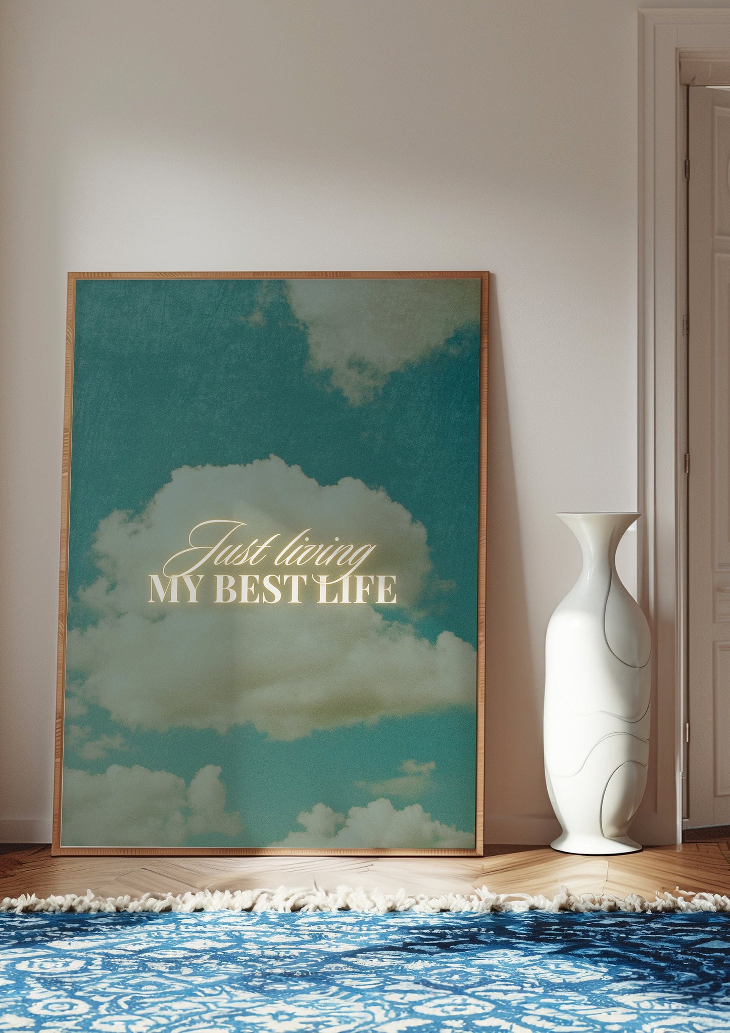 Inspirational Art Print "Just Living My Best Life" - Motivational Wall Art, Sky and Clouds Background, Home Office Decor, Poster for Home