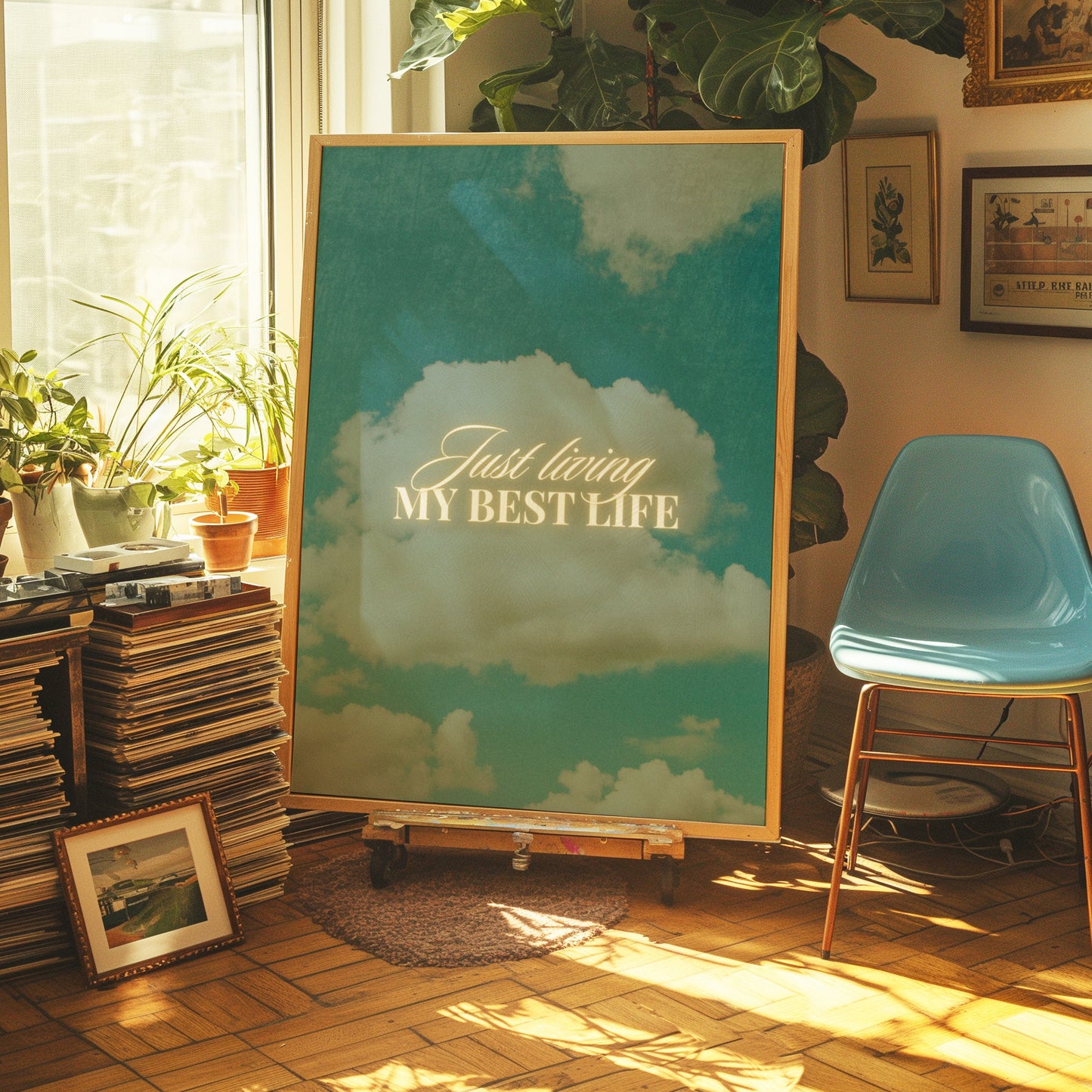 Inspirational Art Print "Just Living My Best Life" - Motivational Wall Art, Sky and Clouds Background, Home Office Decor, Poster for Home