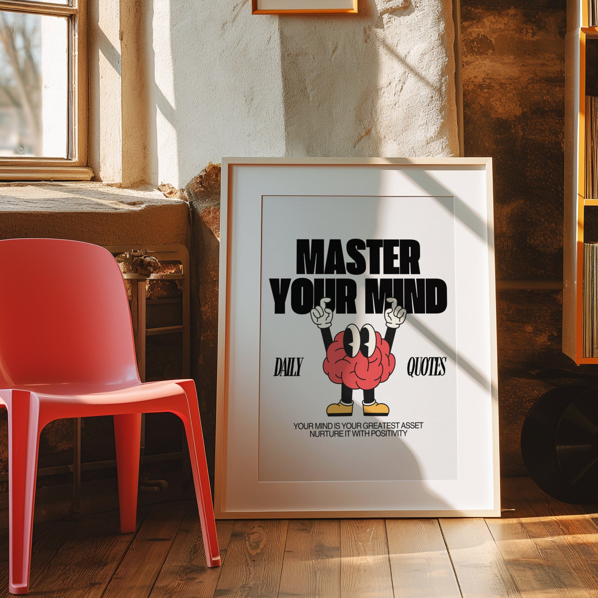 A motivational art print with the phrase &quot;Master Your Mind&quot; featuring a cartoon brain character and inspiring message.