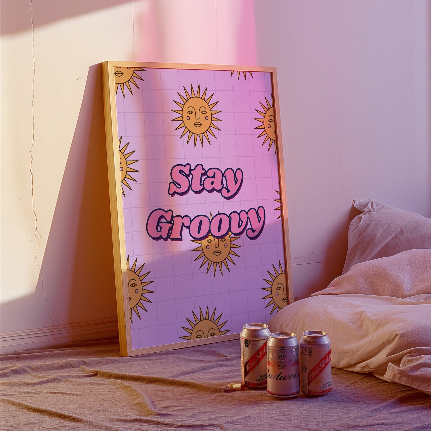 Stay Groovy Poster, Retro Sun Wall Art, Inspirational Quote Print, 70s Style Decor, Purple and Yellow Art