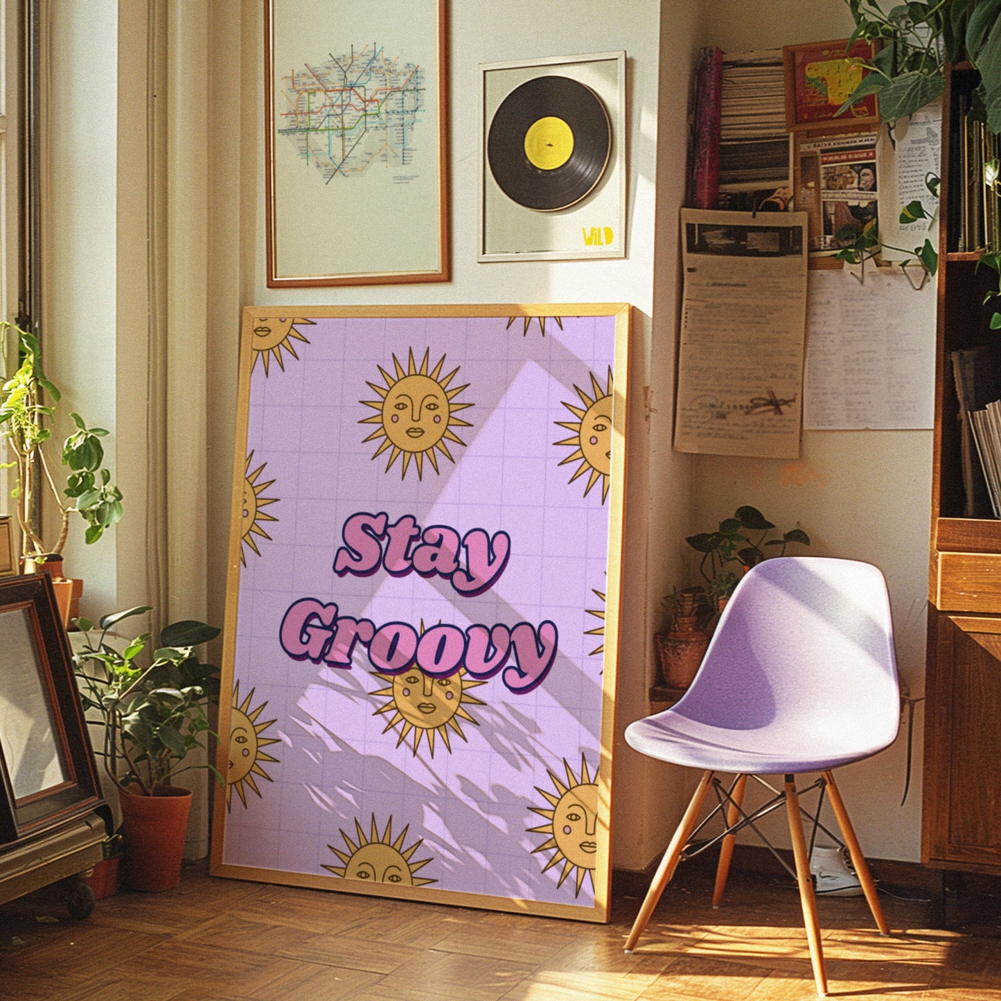 Stay Groovy Poster, Retro Sun Wall Art, Inspirational Quote Print, 70s Style Decor, Purple and Yellow Art