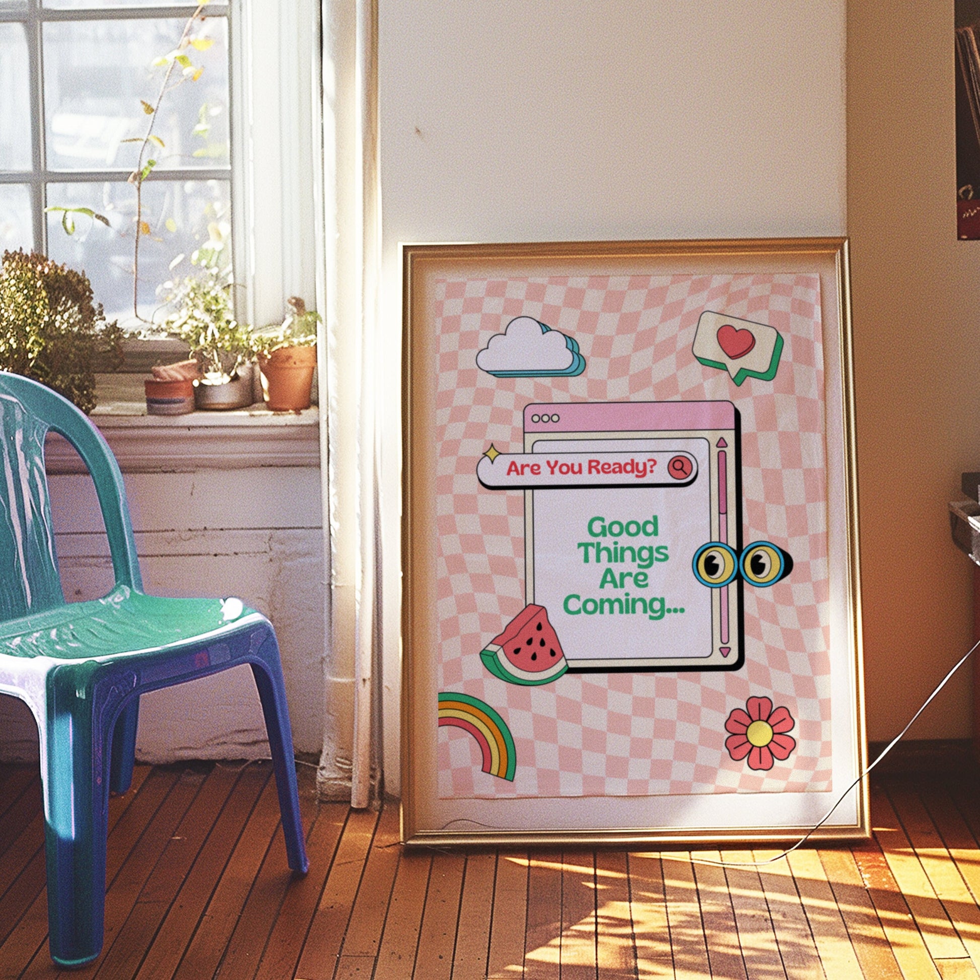 A colorful poster with a retro checkered background, featuring the phrase &quot;Good Things Are Coming&quot; with playful elements like a watermelon slice, rainbow, and flower.