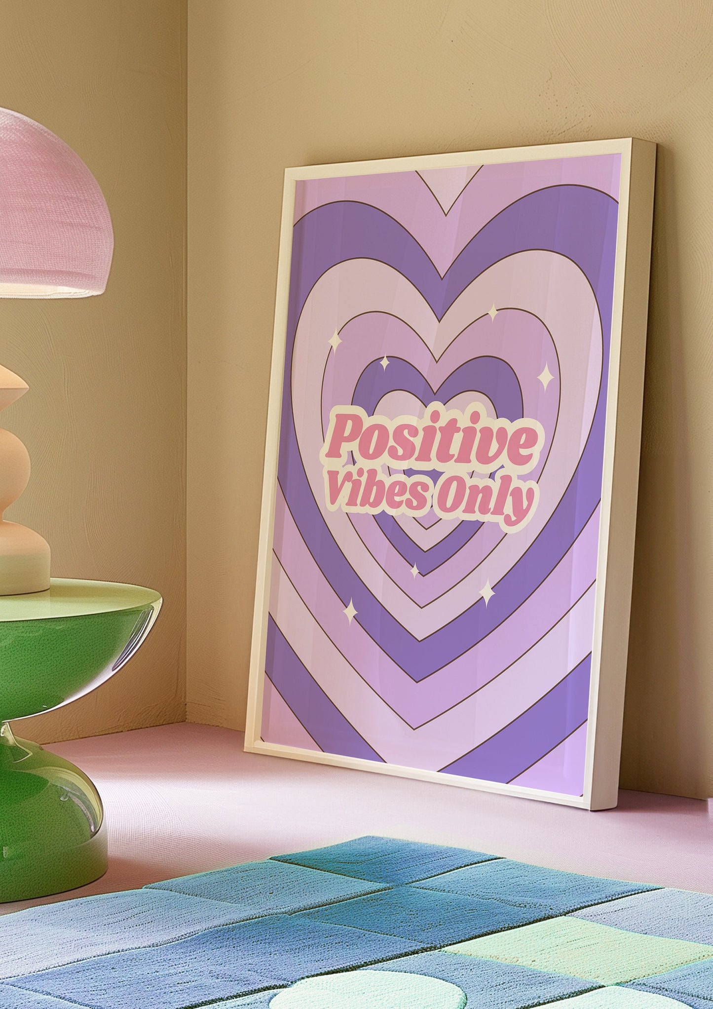 Positive Vibes Only Poster, Retro Heart Wall Art, Inspirational Quote Print, Pink and Purple Decor, Uplifting Room Decor, Retro Poster