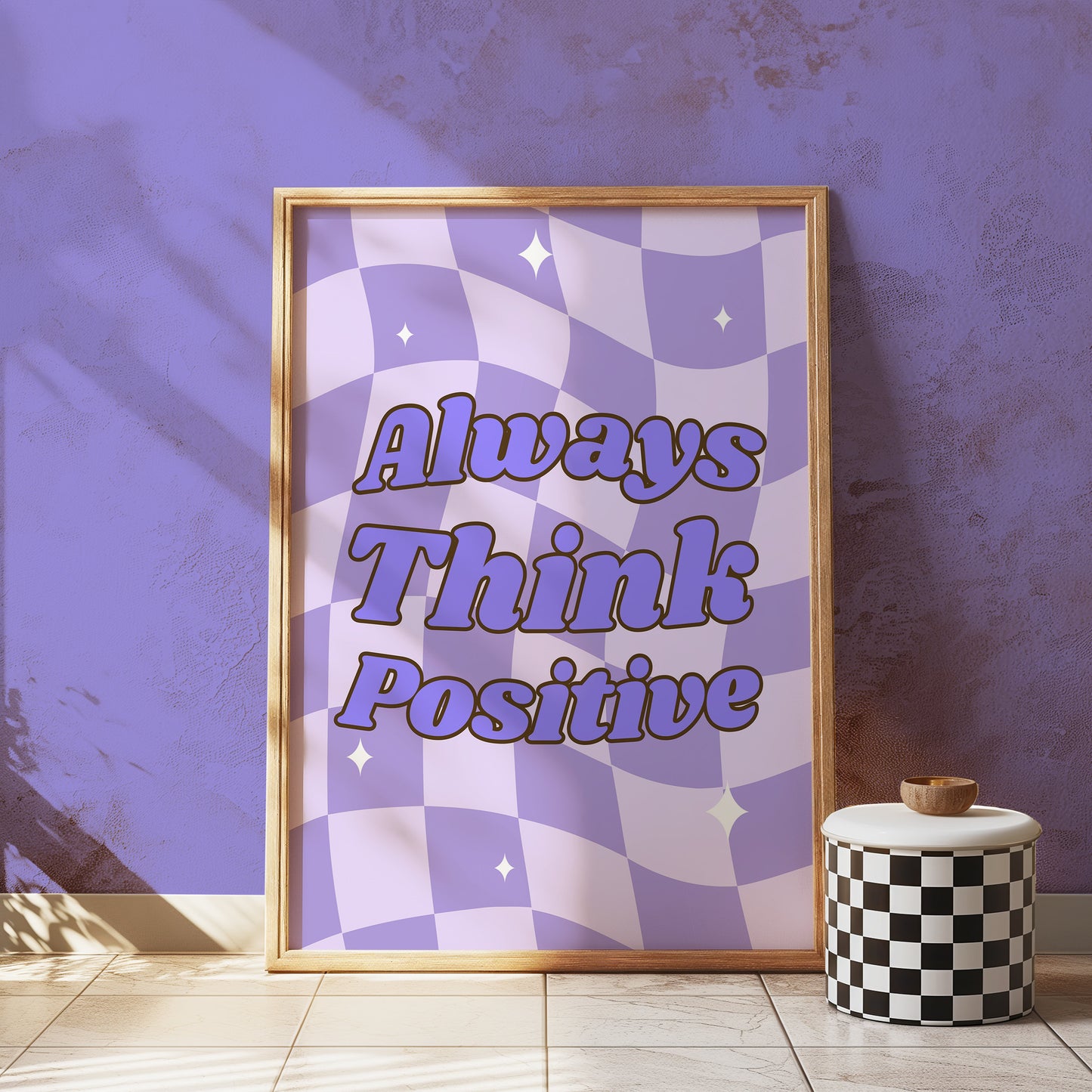 Always Think Positive Poster, Inspirational Wall Art, Motivational Quote Print, Purple and White Decor, Uplifting Room Decor, Retro Design