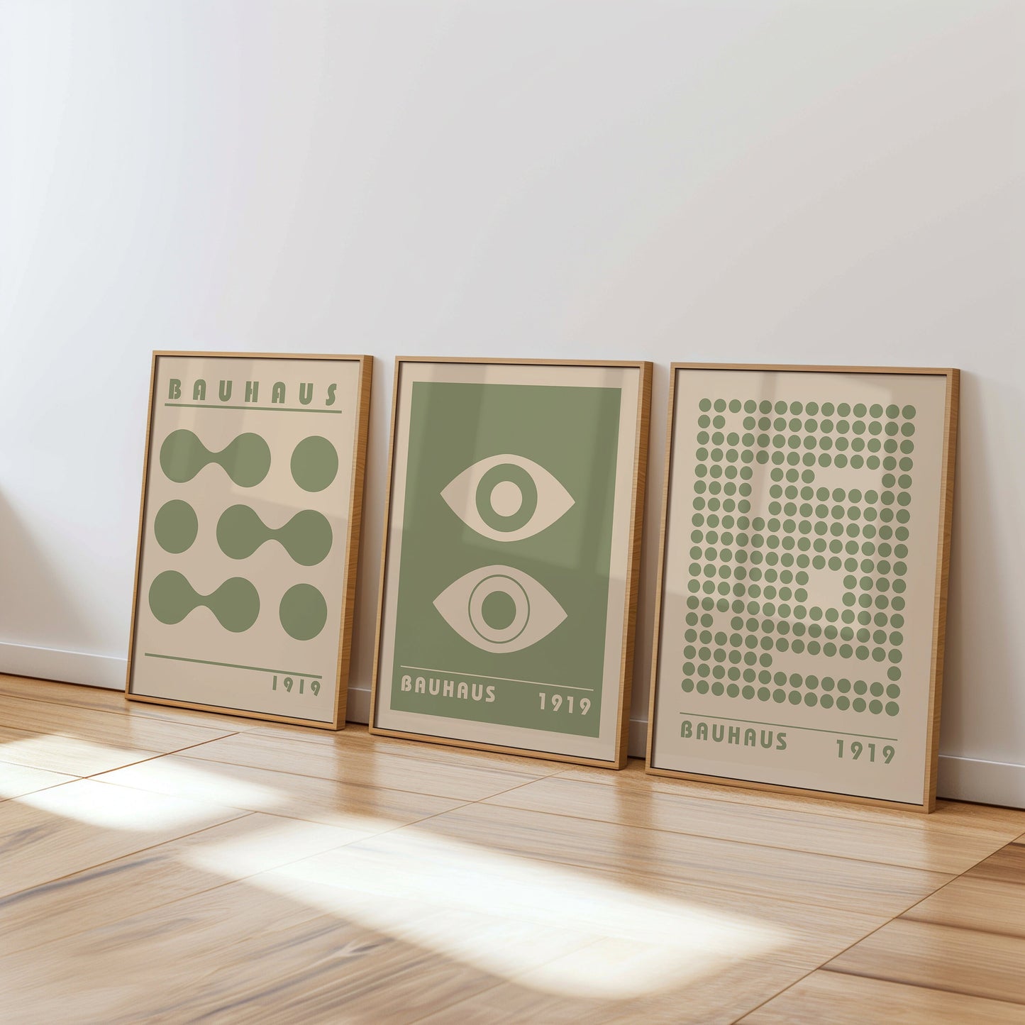 Bauhaus Style Poster Set, Abstract Geometric Art, Mid-Century Decor, Minimalist Bauhaus Art, Green and Beige Art Print, Set of 3 Posters