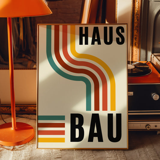 A Bauhaus-inspired poster featuring retro typography with bold black &quot;HAUS&quot; and &quot;BAU&quot; text, complemented by colorful, curved lines in orange, teal, and yellow, set against a minimalist backdrop.