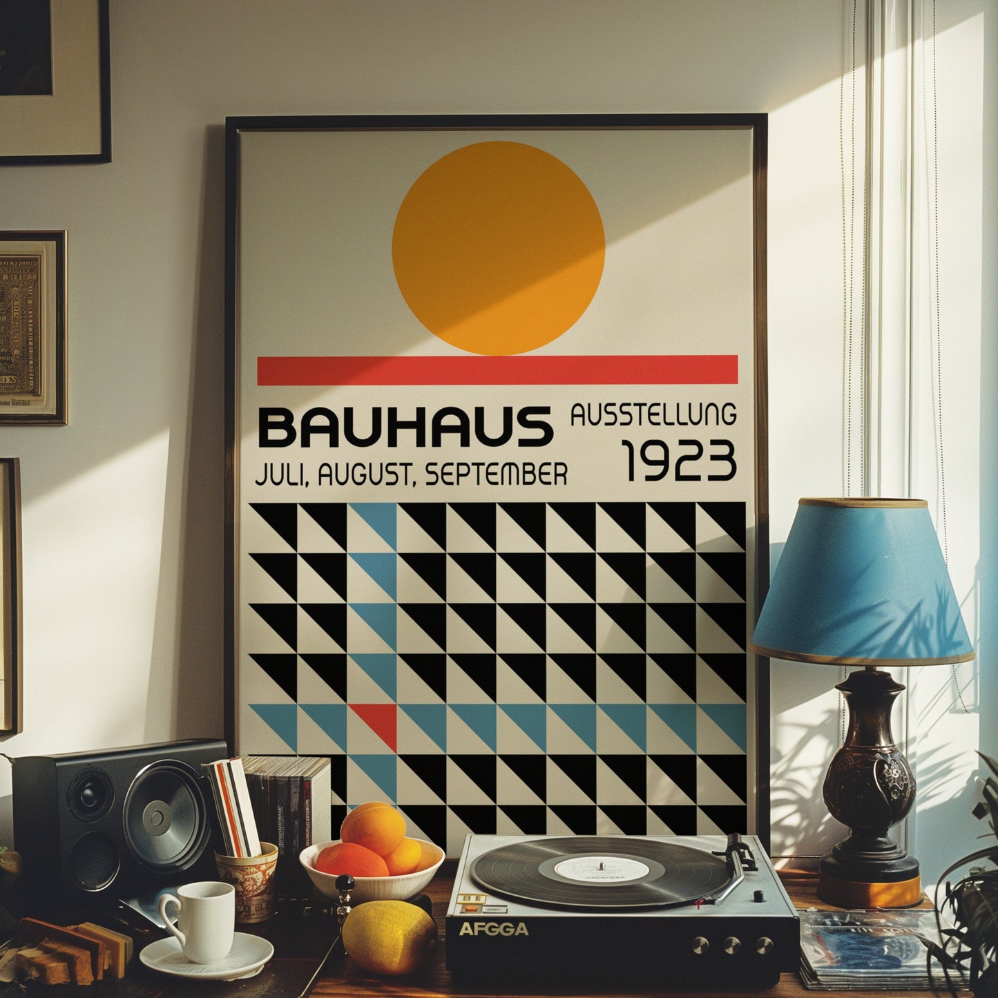 A vintage Bauhaus exhibition poster from 1923 featuring bold geometric patterns in black, white, blue, and red, with a large orange circle above and classic Bauhaus typography, perfect for modernist and retro decor.