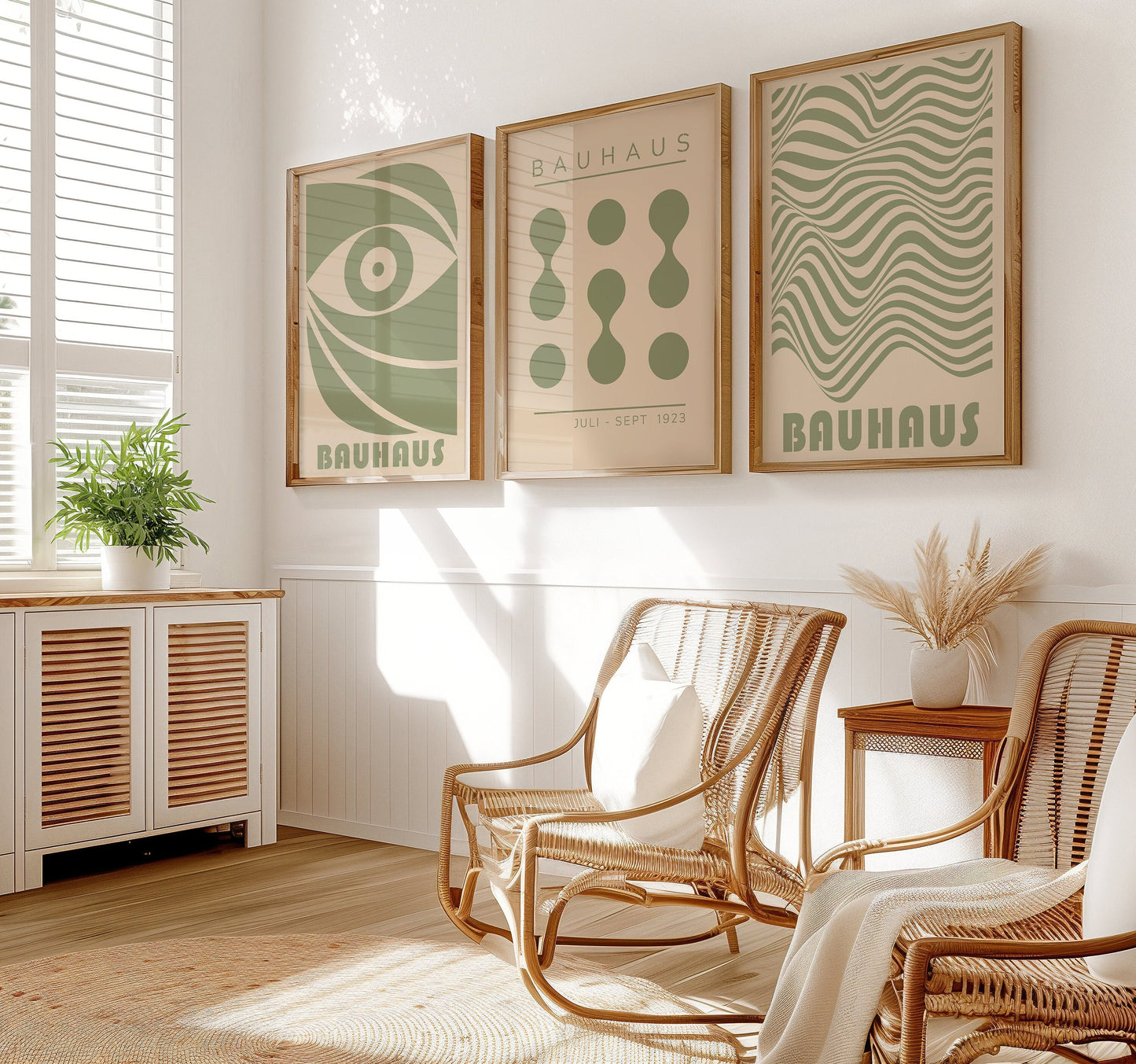 A set of three green Bauhaus-inspired posters designed for a nursery, featuring abstract patterns and minimalist designs, perfect for creating a modern and calming atmosphere.