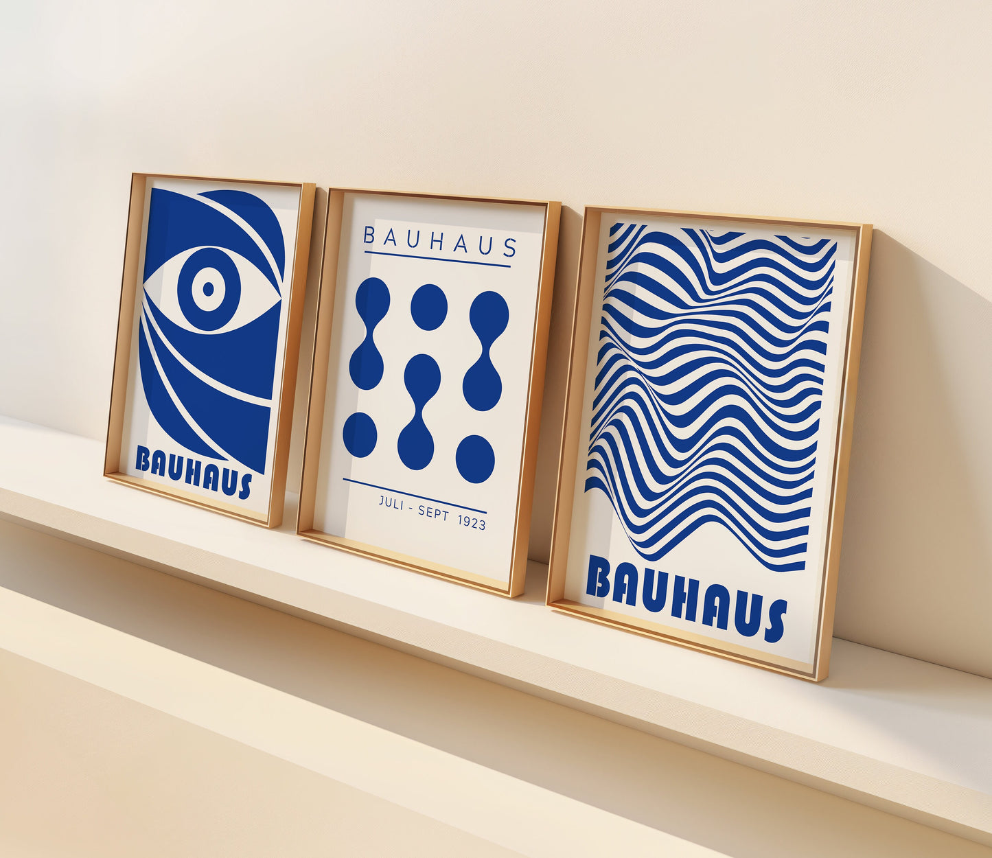 Set of Three Bauhaus Posters, Blue Geometric Wall Art, Abstract Bauhaus 1923 Prints, Modernist Design Poster Set, Minimalist Bauhaus Decor