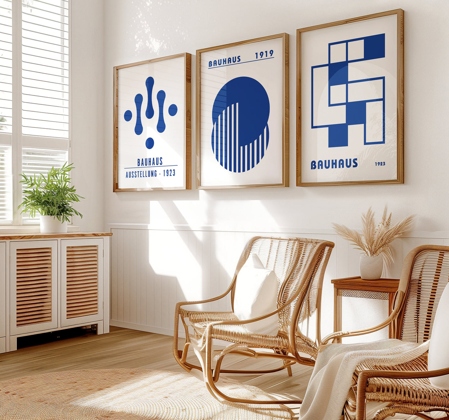 Blue Bauhaus Poster Set, Modern Geometric Art Prints, Mid-Century Modern Wall Decor, Bauhaus 1919-1923 Exhibition Posters, 3 Set of Poster