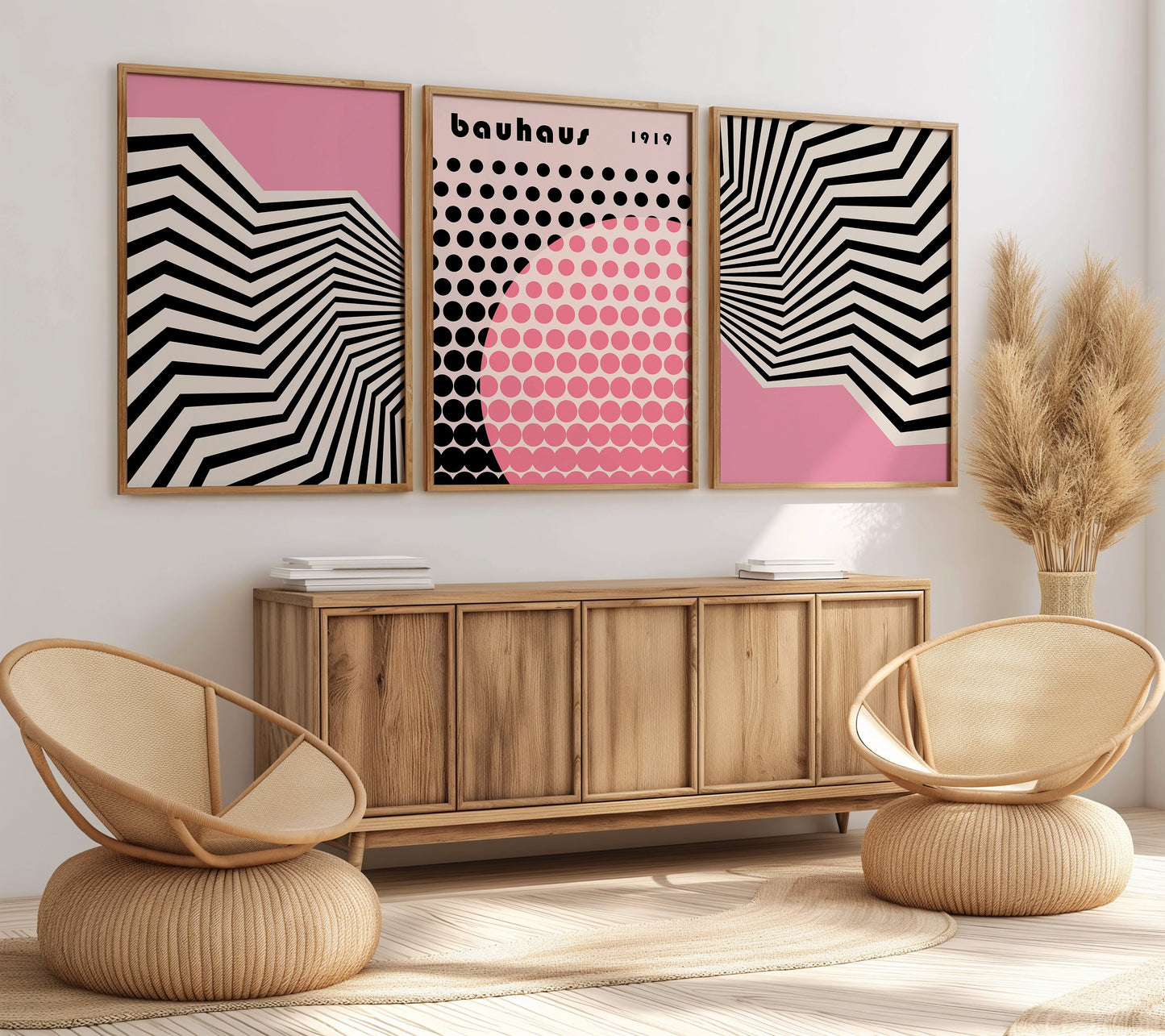 Bauhaus Pink Geometric Posters, 3 Set of Posters, Modern Prints, Abstract Minimalist Decor, Exhibition Art, Pink and Black Striped Posters