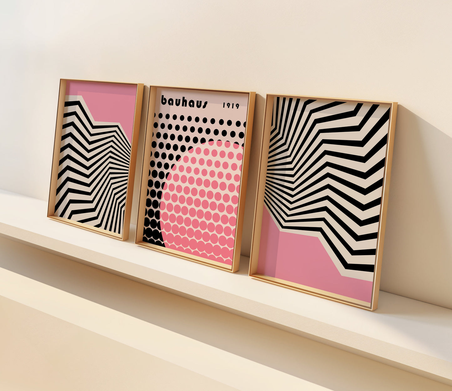 Bauhaus Pink Geometric Posters, 3 Set of Posters, Modern Prints, Abstract Minimalist Decor, Exhibition Art, Pink and Black Striped Posters