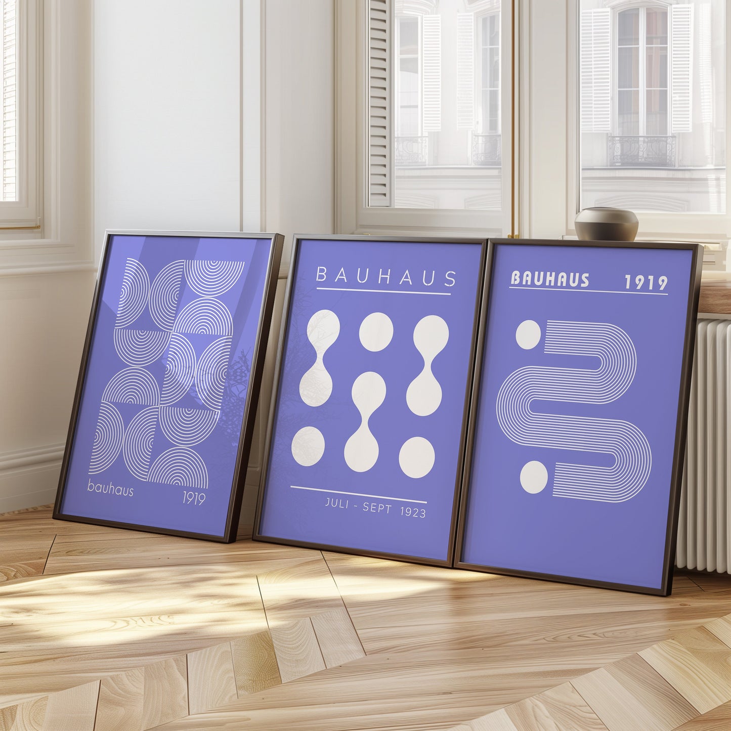 Bauhaus Poster Set of 3, Purple and White Wall Art, Minimalist Bauhaus Prints, Geometric Bauhaus 1919 and 1923 Posters