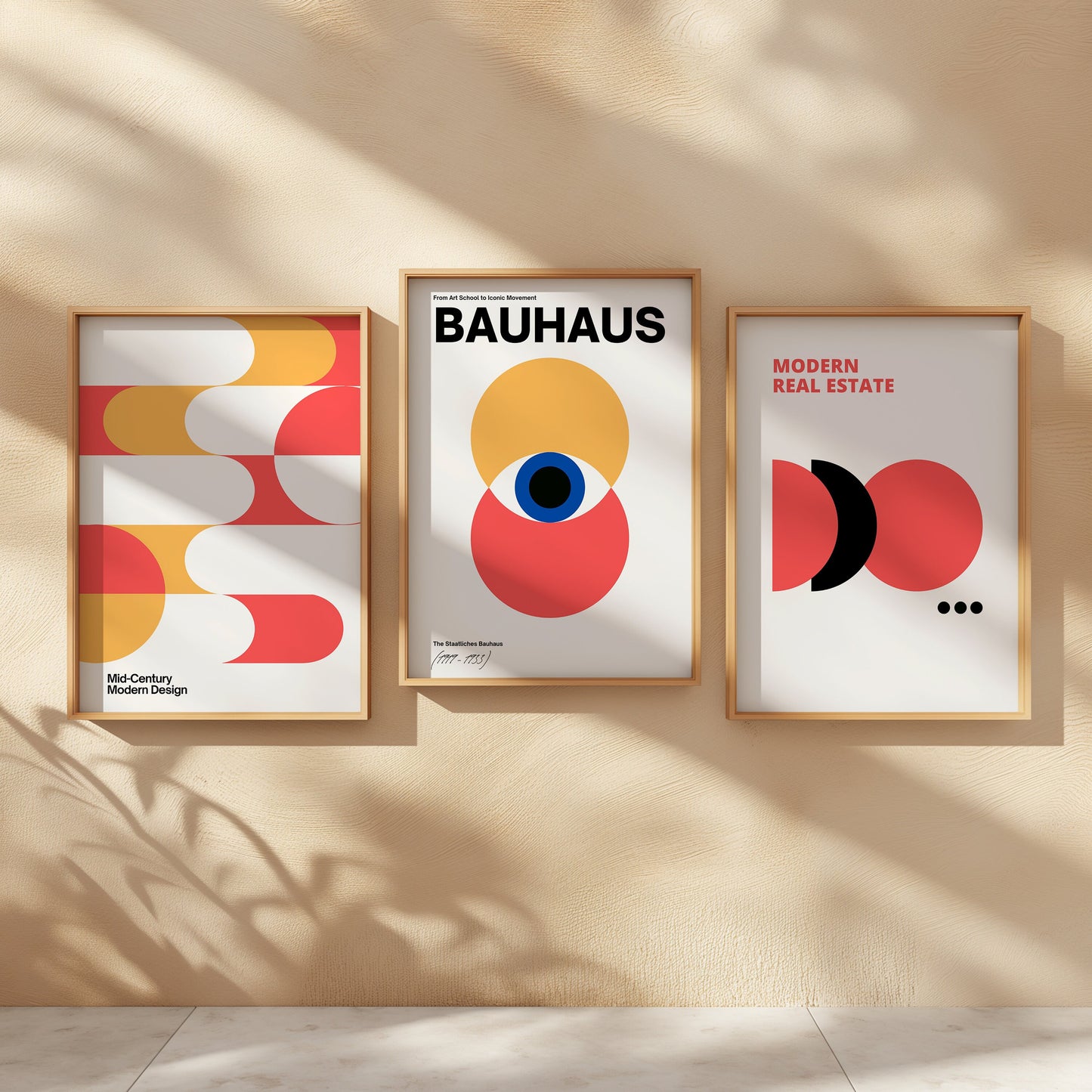 Set of 3 Bauhaus Posters, Geometric Art Prints, Mid-Century Modern Wall Decor, Minimalist Art for Home, Abstract Shapes Wall Art