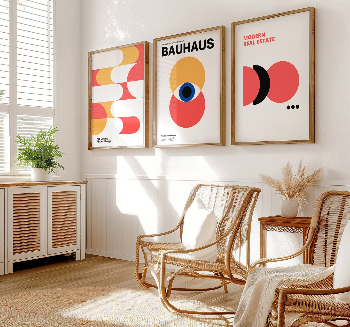 A set of three Bauhaus posters featuring geometric designs with circular and semi-circular shapes in warm tones of red, yellow, and orange, framed and displayed on a light beige wall.