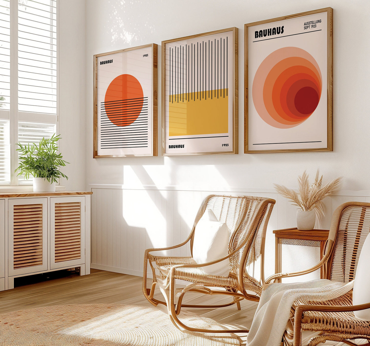 A set of three Bauhaus posters featuring bold geometric designs with circular and linear elements in warm tones of red, orange, and yellow, elegantly framed and displayed against a light wall.