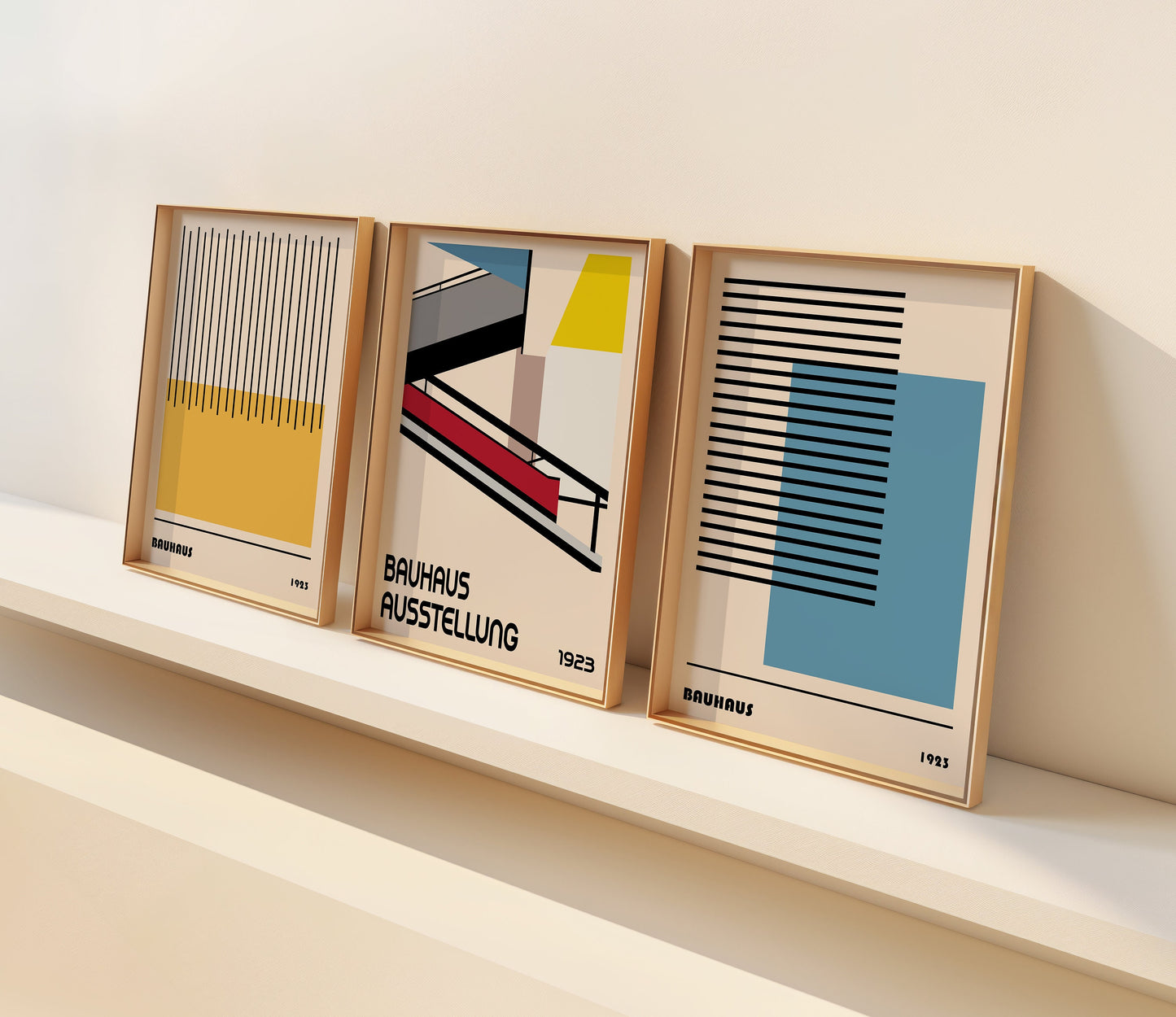 Bauhaus Poster Set of 3, Modern Architecture Art Prints, Minimalist Geometric Wall Art, Mid-Century Bauhaus Decor, Pastel Tones Poster