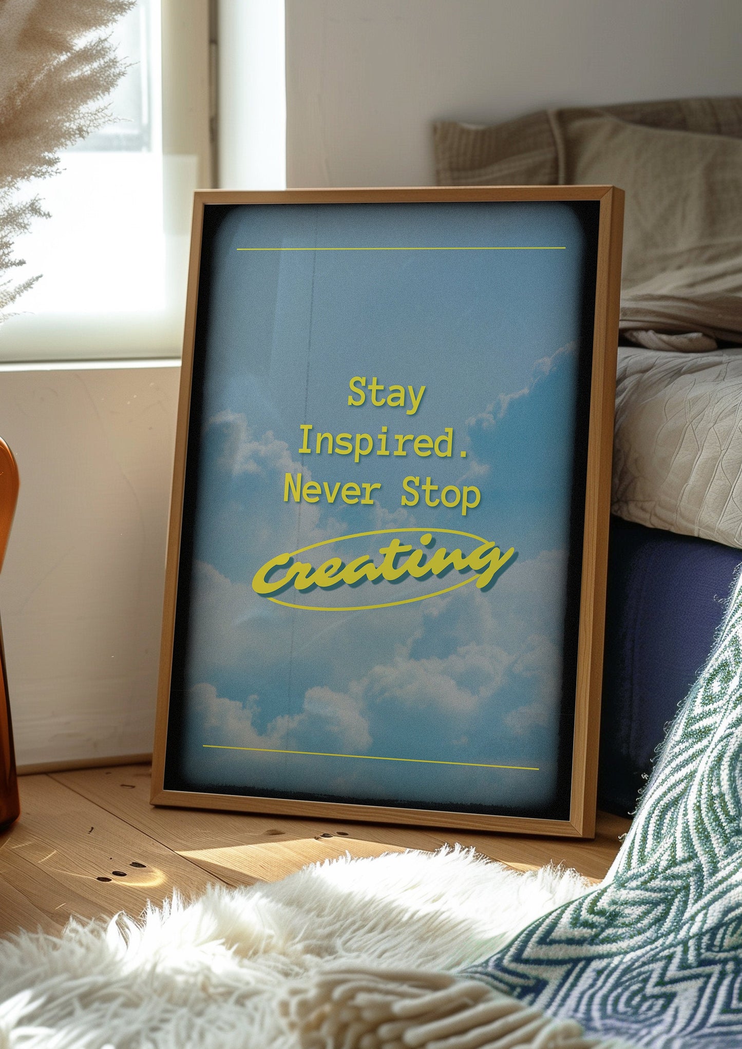 Stay Inspired Poster, Creative Motivation Wall Art, Sky and Clouds Decor, Never Stop Creating Print, Inspirational Art for Creatives