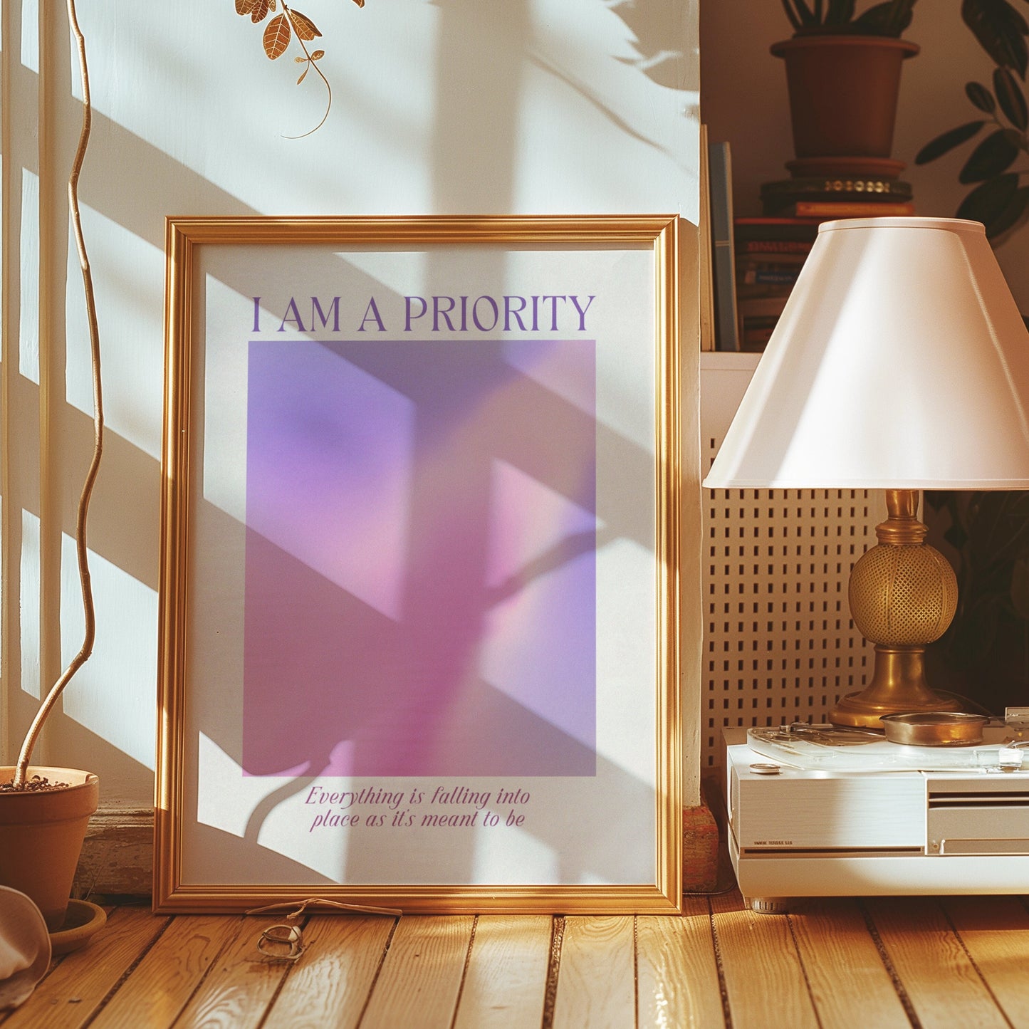 A motivational poster with a soft gradient pastel background featuring the text &quot;I Am a Priority&quot; and &quot;Everything is falling into place as it&#39;s meant to be,&quot; designed to inspire self-love and positivity.