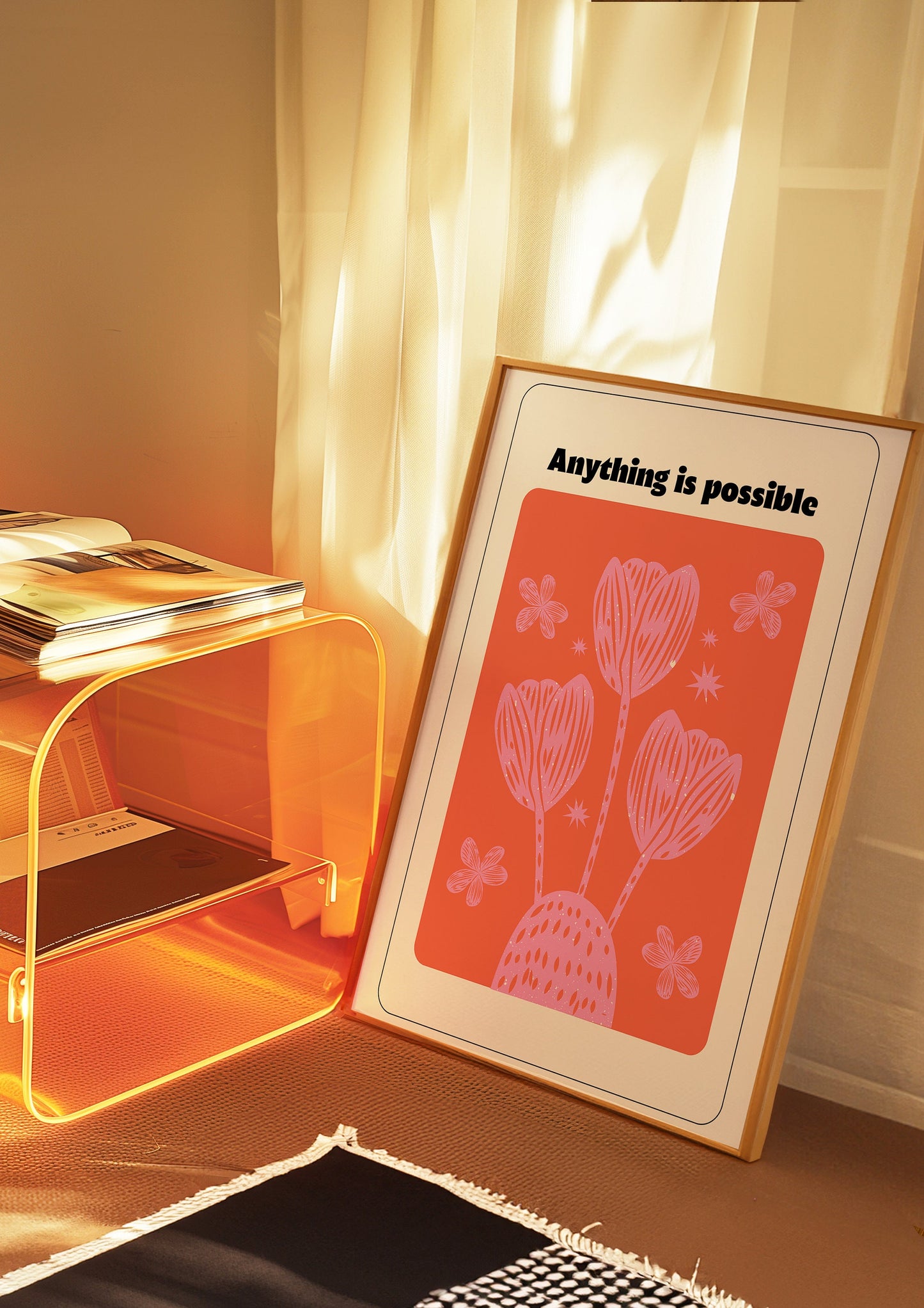 Anything is Possible Poster, Motivational Floral Art, Red and Pink Flower Print, Inspirational Quote Wall Decor, Positive Affirmation Art