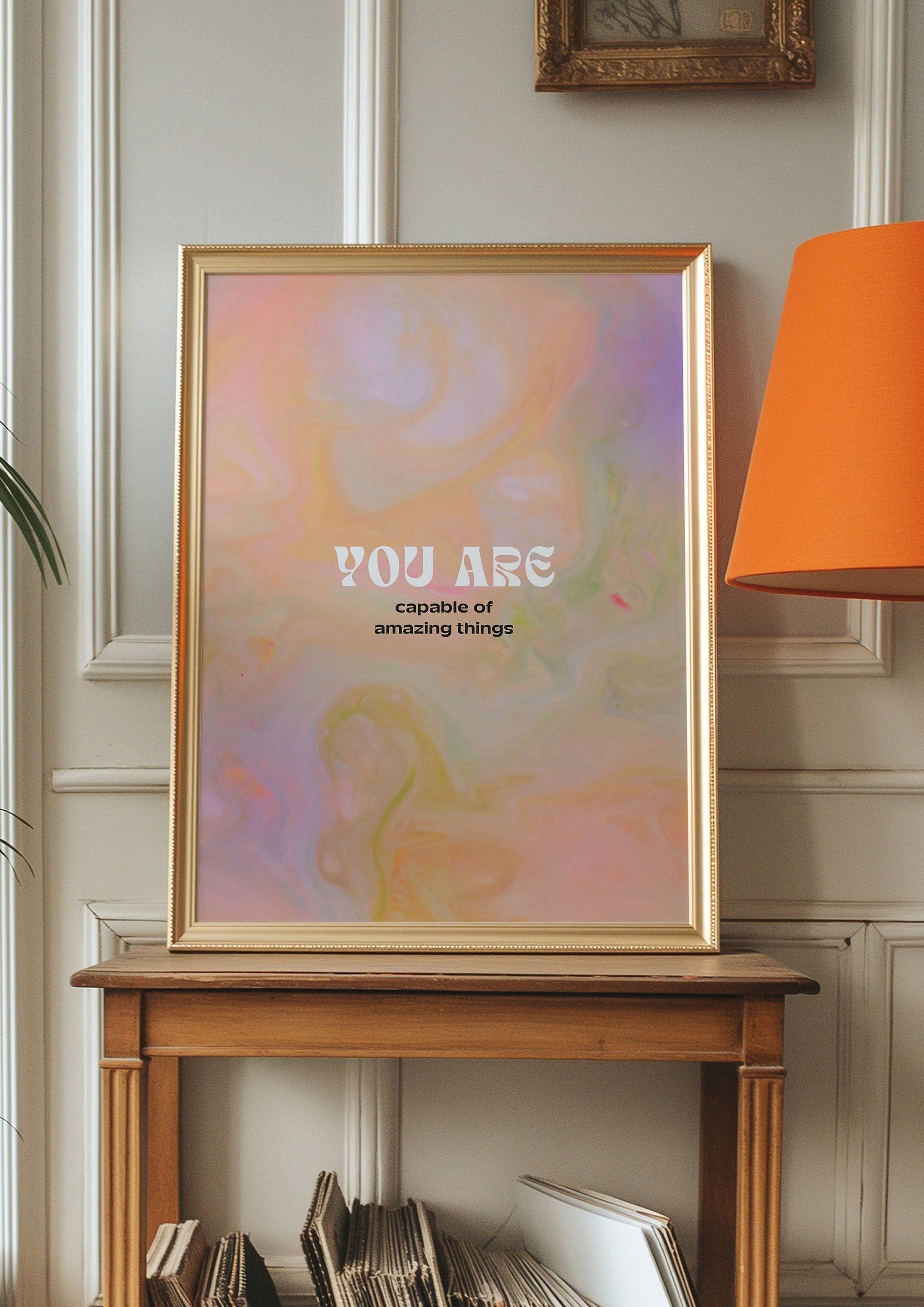 A pastel abstract poster with the motivational quote "You Are Capable of Amazing Things," perfect for uplifting and inspiring any space.