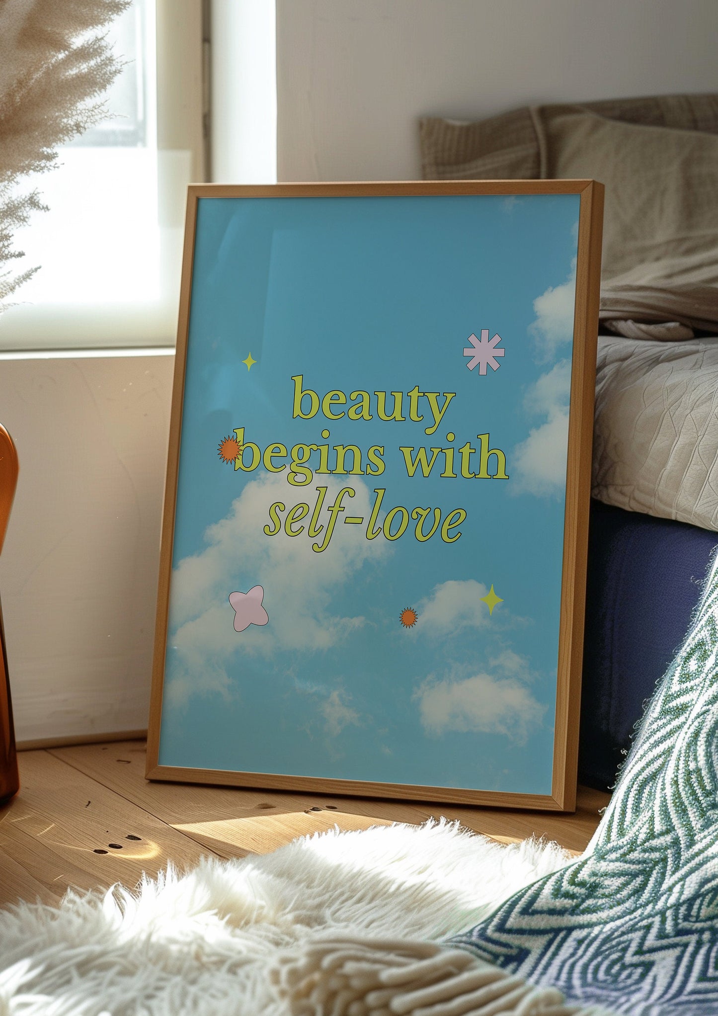 Beauty Begins With Self-Love Poster, Inspirational Quote Wall Art, Sky and Cloud Motivational Print, Positive Affirmation Home Decor