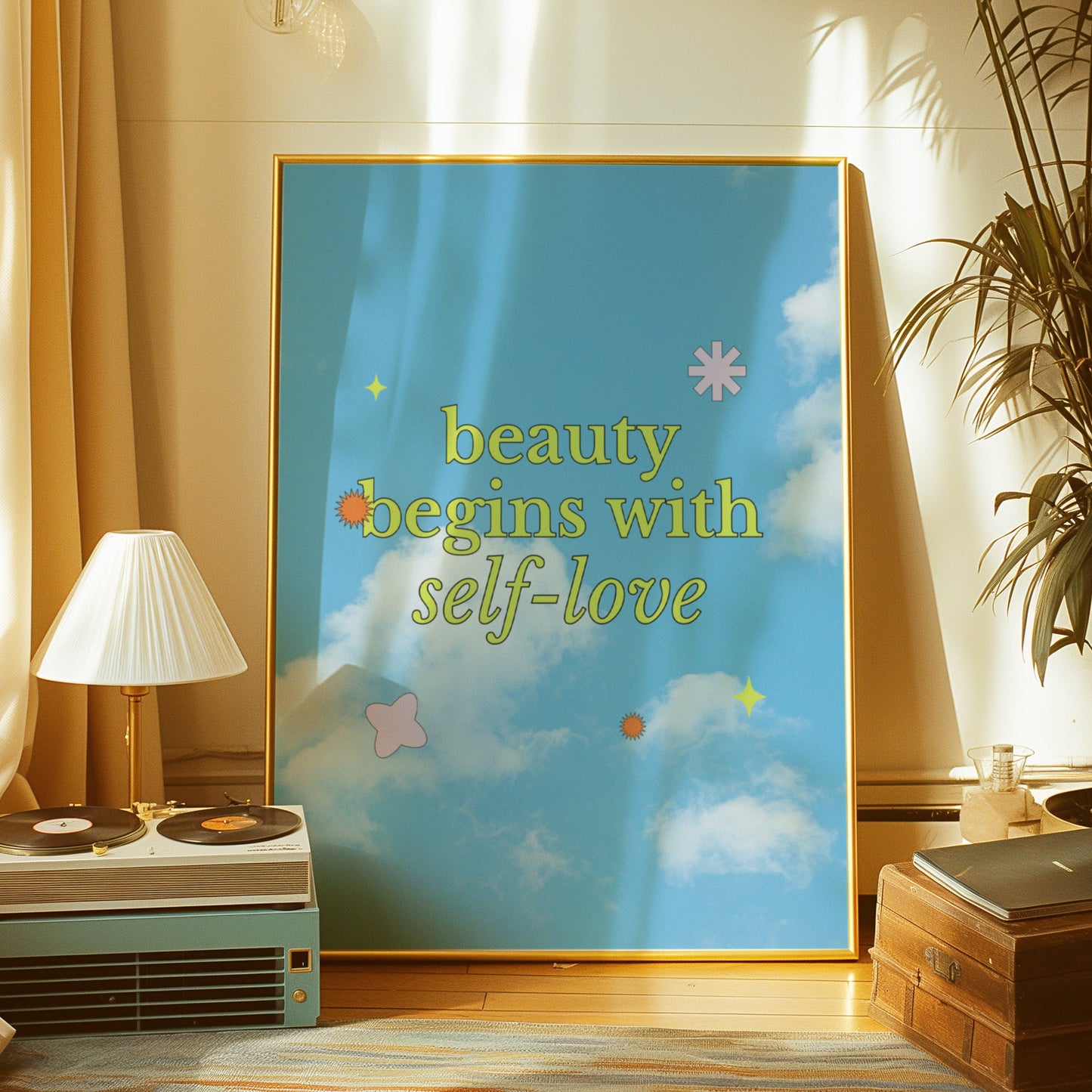 Beauty Begins With Self-Love Poster, Inspirational Quote Wall Art, Sky and Cloud Motivational Print, Positive Affirmation Home Decor