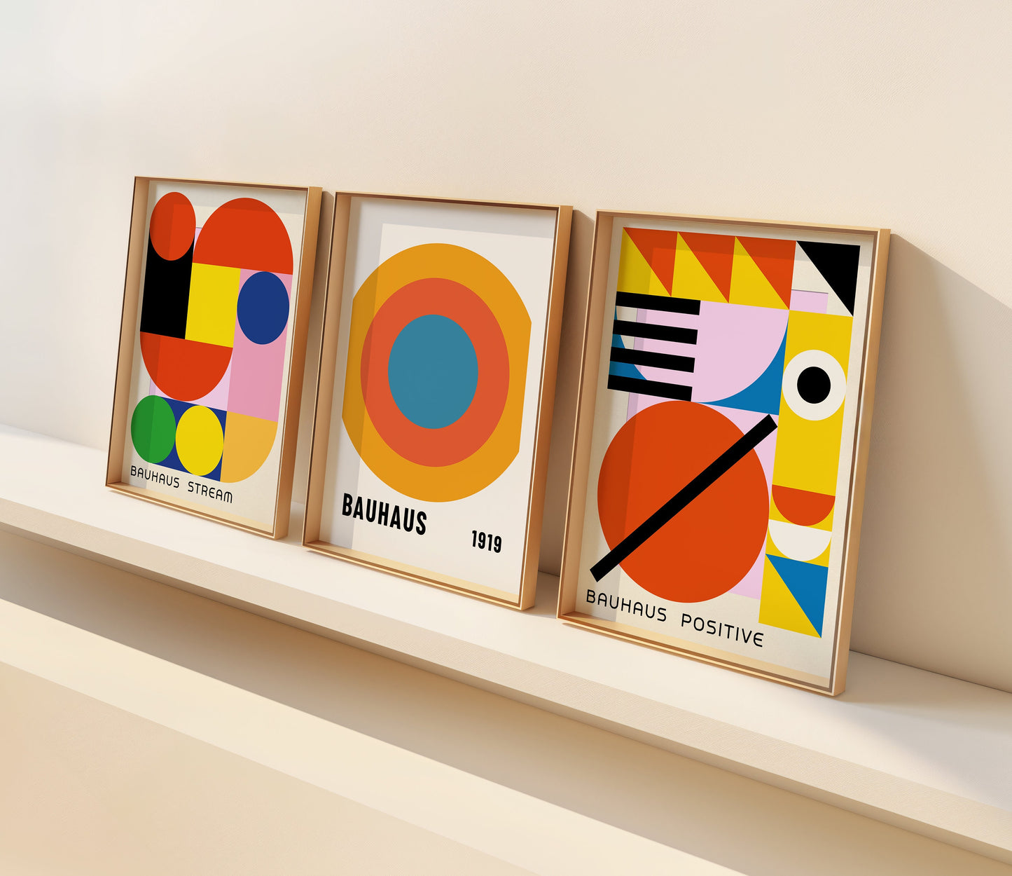 Set of 3 Bauhaus Posters, 1919 Geometric Abstract Wall Art, Colorful Mid-Century Modern Decor, Bauhaus Stream and Positive Prints