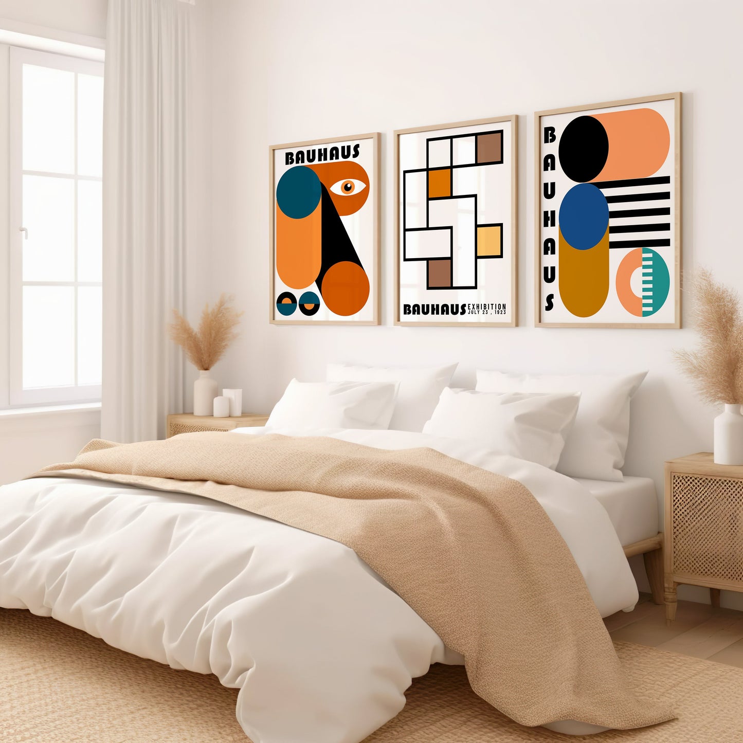 Bauhaus Exhibition Poster Set of 3, Geometric Modern Art Prints, Abstract Bauhaus Wall Decor, Mid-Century Modern Art Collection, Bohemian