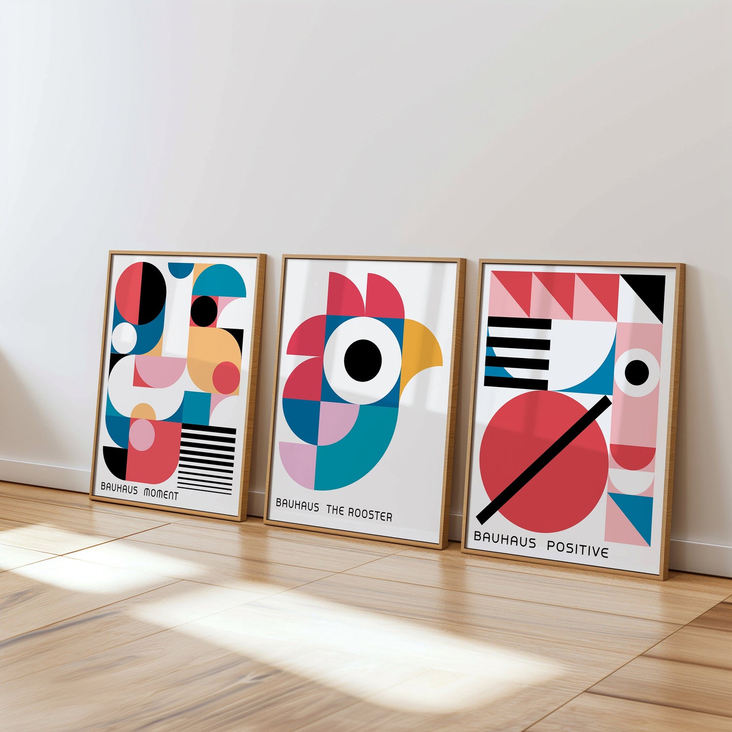 Bauhaus Art Print Set of 3, Modern Geometric Designs, Rooster, Positive, Moment Themes, Vibrant Bauhaus Posters for Home and Office