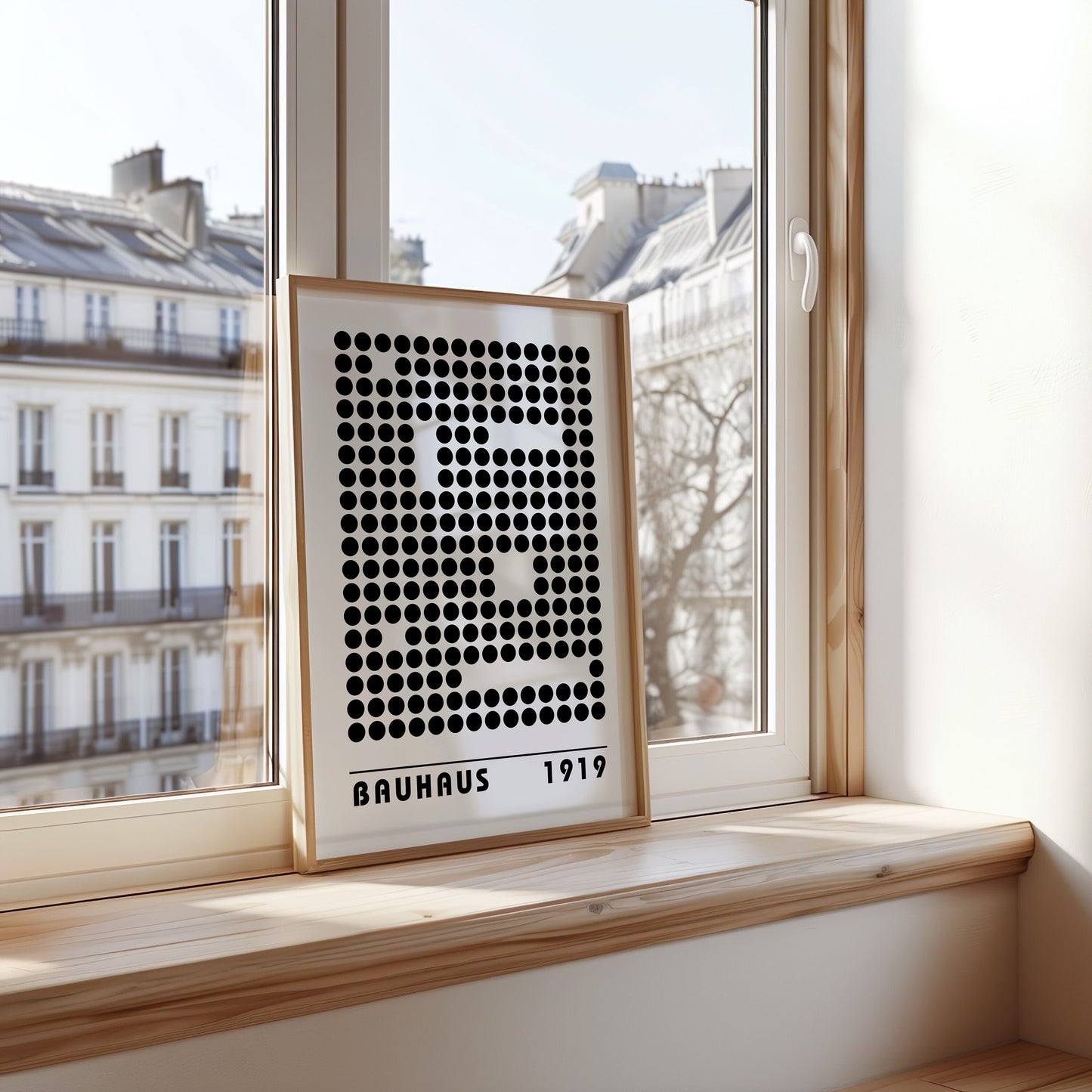 A framed Bauhaus 1919 poster with a black and white geometric dot design, leaning against a wall on a wooden bench in a modern living room. A round mirror and potted plant add to the contemporary aesthetic.