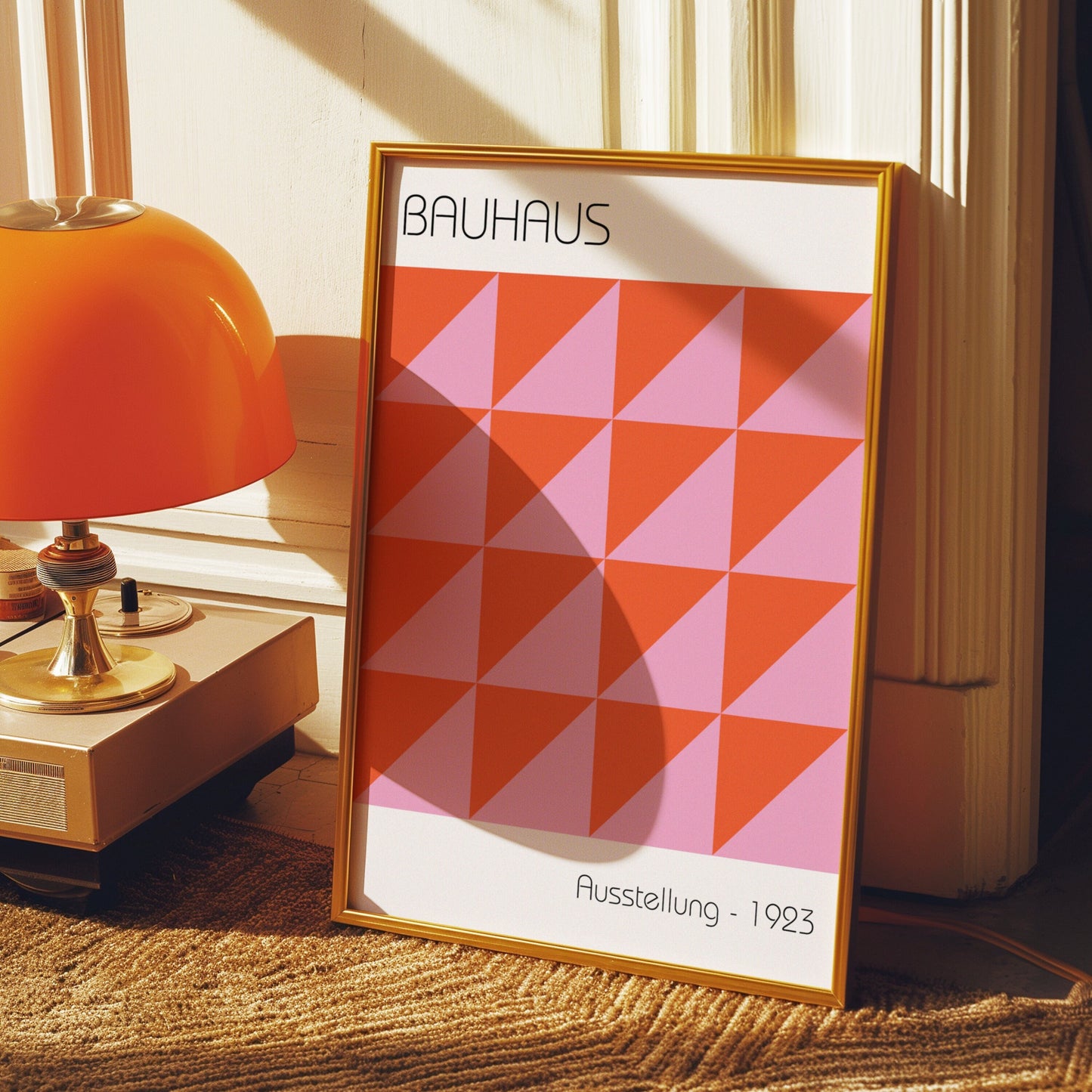 A Bauhaus Ausstellung 1923 poster featuring an orange and pink geometric pattern, displayed against a seaside backdrop with an orange chair. The vibrant design adds a bold and modern touch to any space.