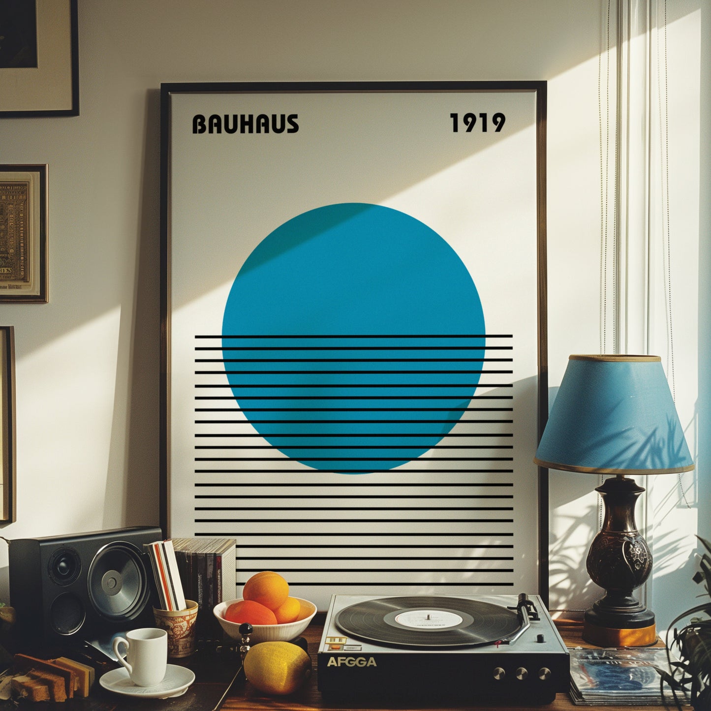 A Bauhaus 1919 poster featuring a bold blue circle above black horizontal lines, displayed in a retro-styled room with a turntable and vintage decor. The geometric design adds a touch of modern elegance to the space.