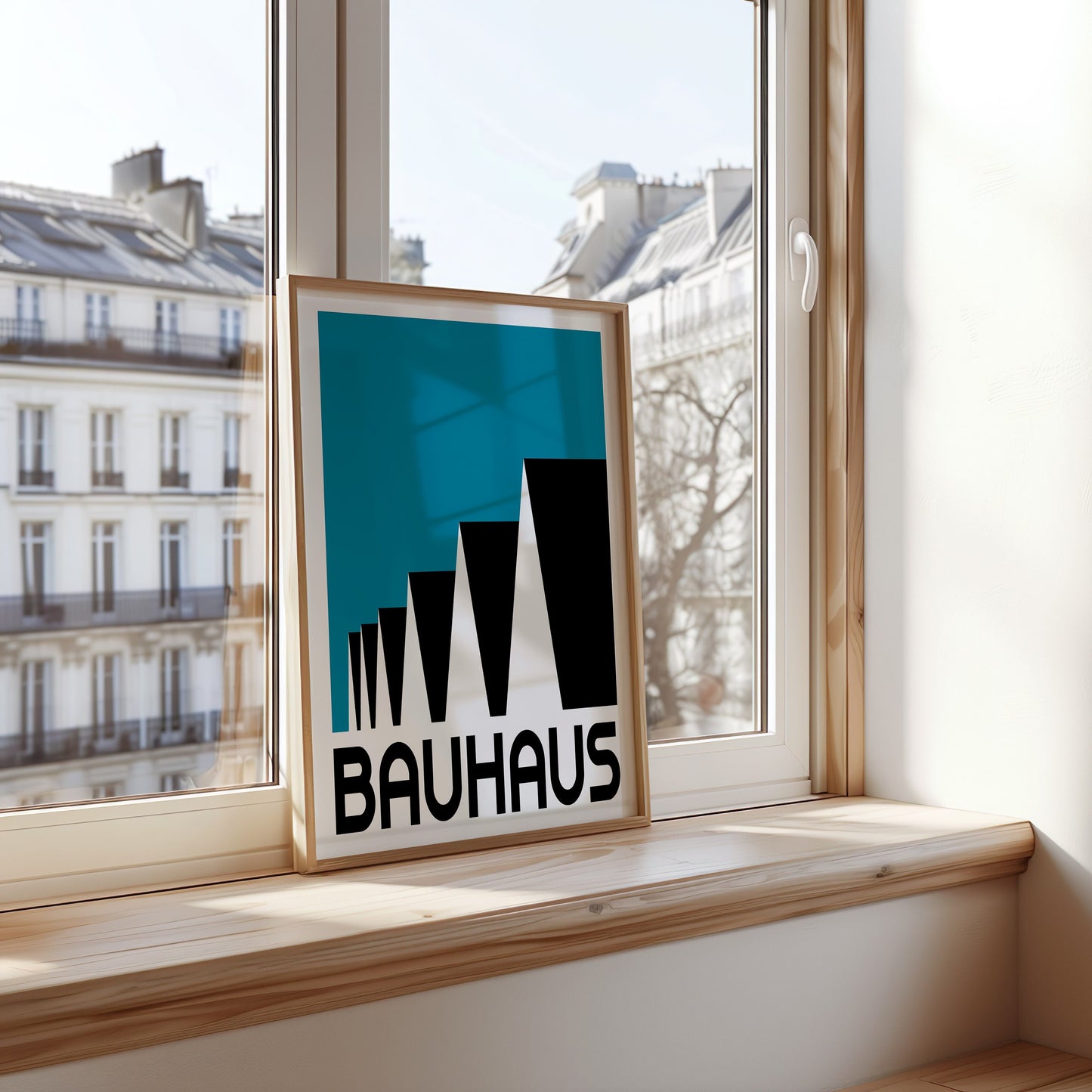 Bauhaus Blue & Black Modern Art Poster, Geometric Design Print, Mid-Century Modern Wall Decor, Bauhaus Style Framed Art, Home Office Accent