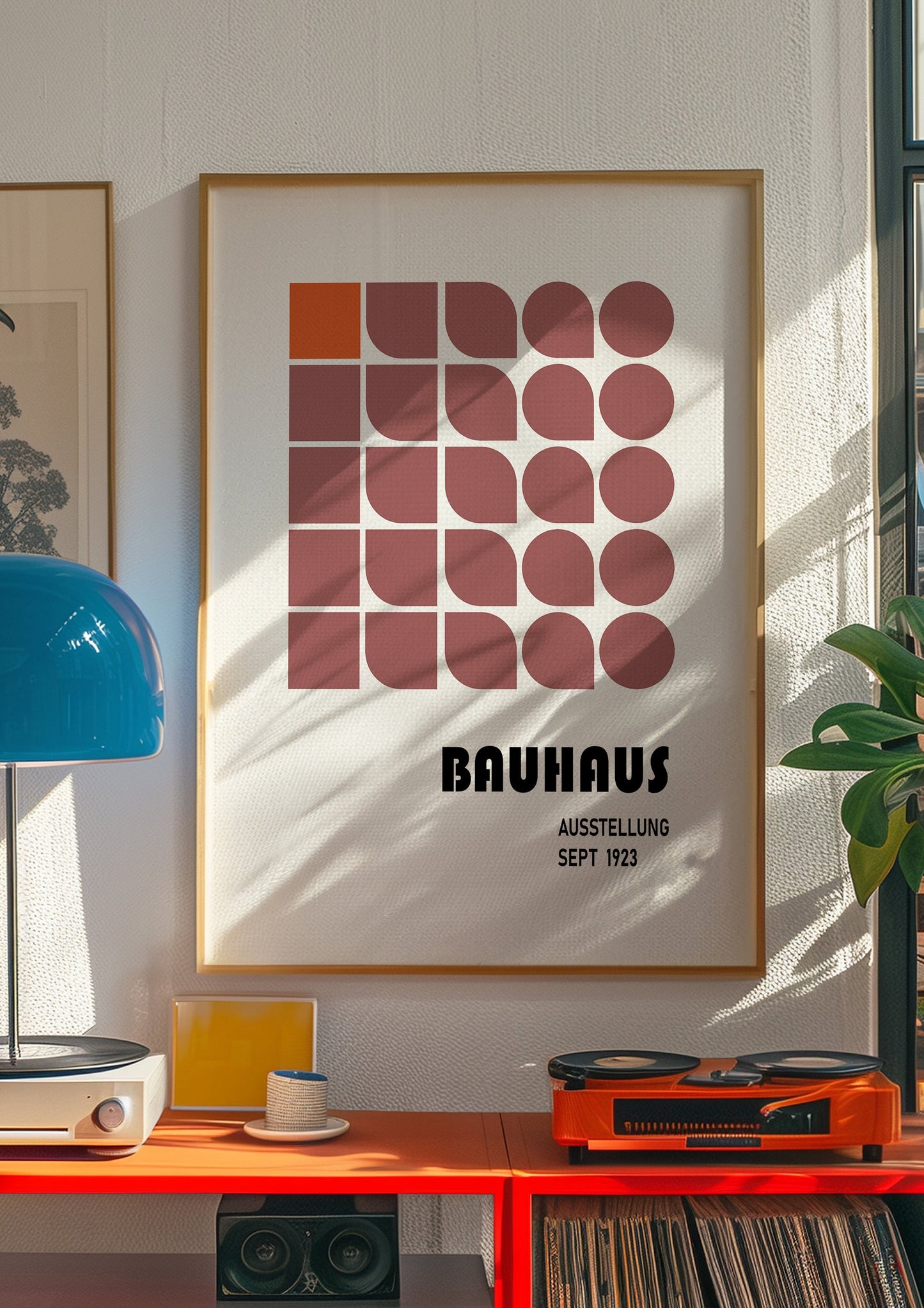 Bauhaus Geometric Pattern Art Print, Retro Mid-Century Modern Poster, Pink and Orange Abstract Wall Art, Bauhaus Style Home Decor