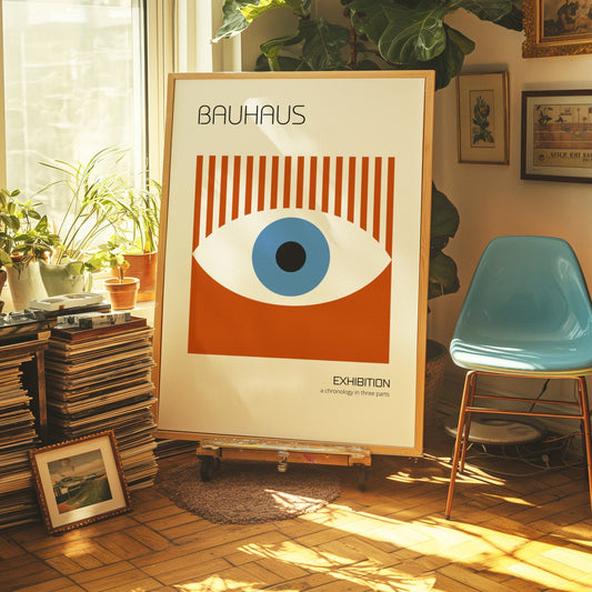 A Bauhaus Exhibition poster featuring an abstract eye design with geometric elements in red, white, and blue, displayed in a cozy, retro-styled room with warm lighting and vintage decor.