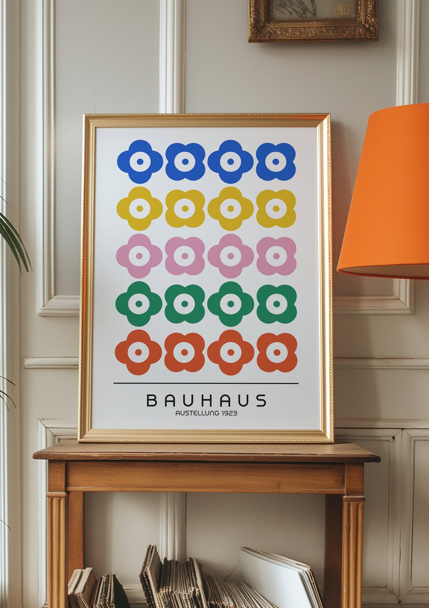 A vibrant Bauhaus-inspired art print featuring rows of colorful geometric flowers in blue, yellow, pink, green, and orange, displayed in a stylish interior with a vintage record player and warm, natural lighting.