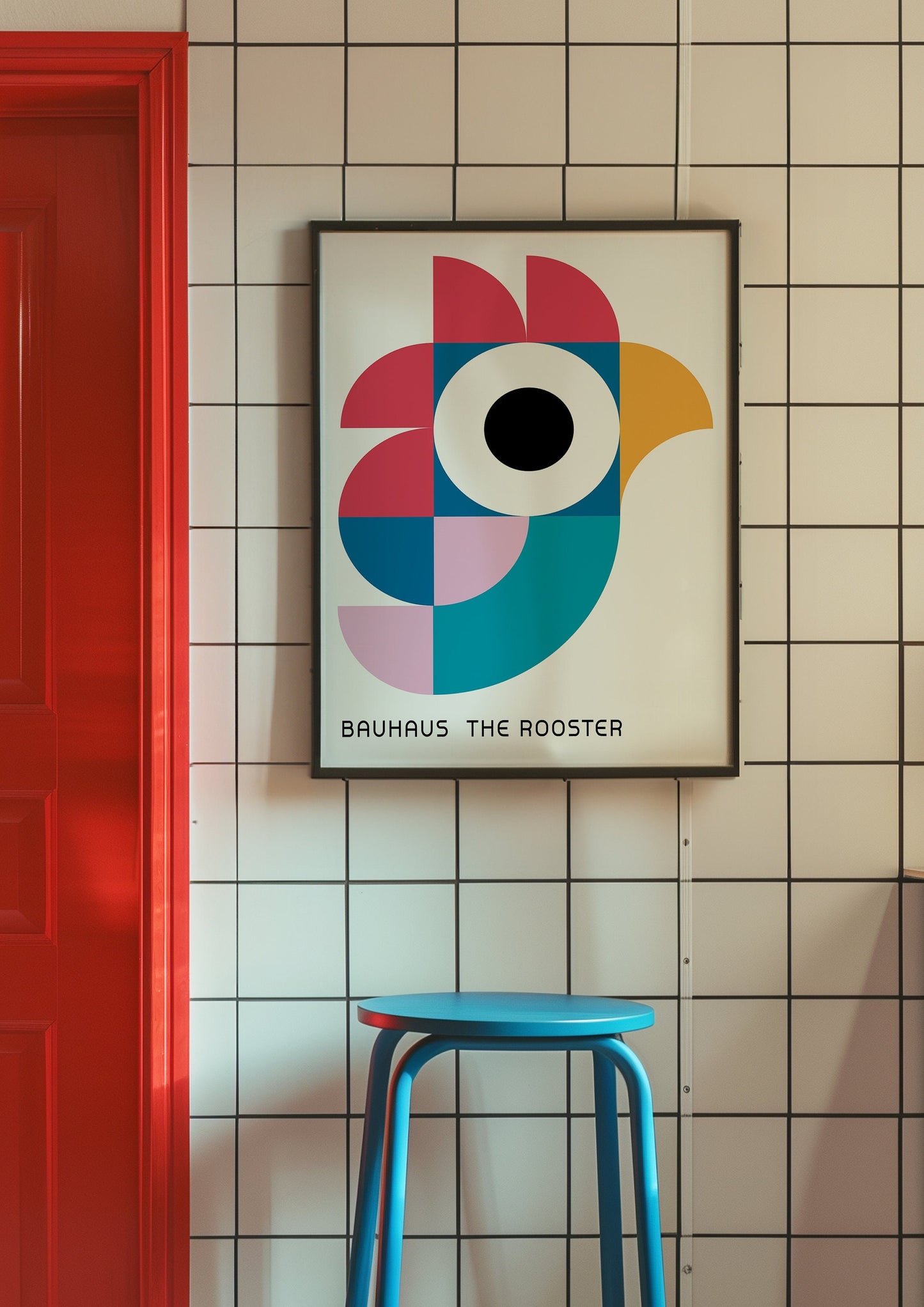 A Bauhaus-inspired art print featuring an abstract, geometric rooster in vibrant colors of blue, pink, and yellow, displayed on a tiled wall with a red door and a blue stool.