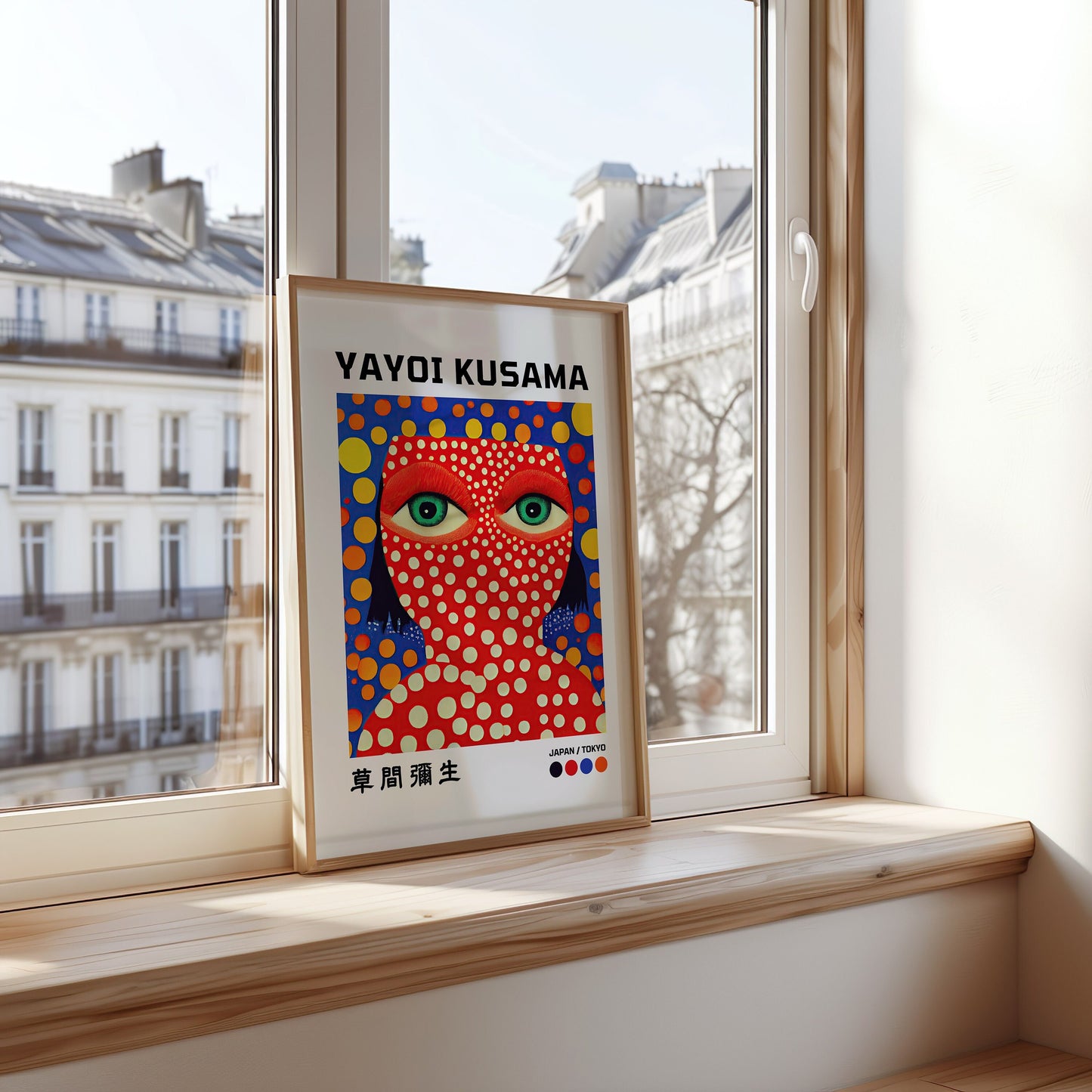 A striking Yayoi Kusama portrait poster featuring her iconic red dots covering a face with large green eyes. This contemporary art print is a colorful and bold representation from her Tokyo exhibition.