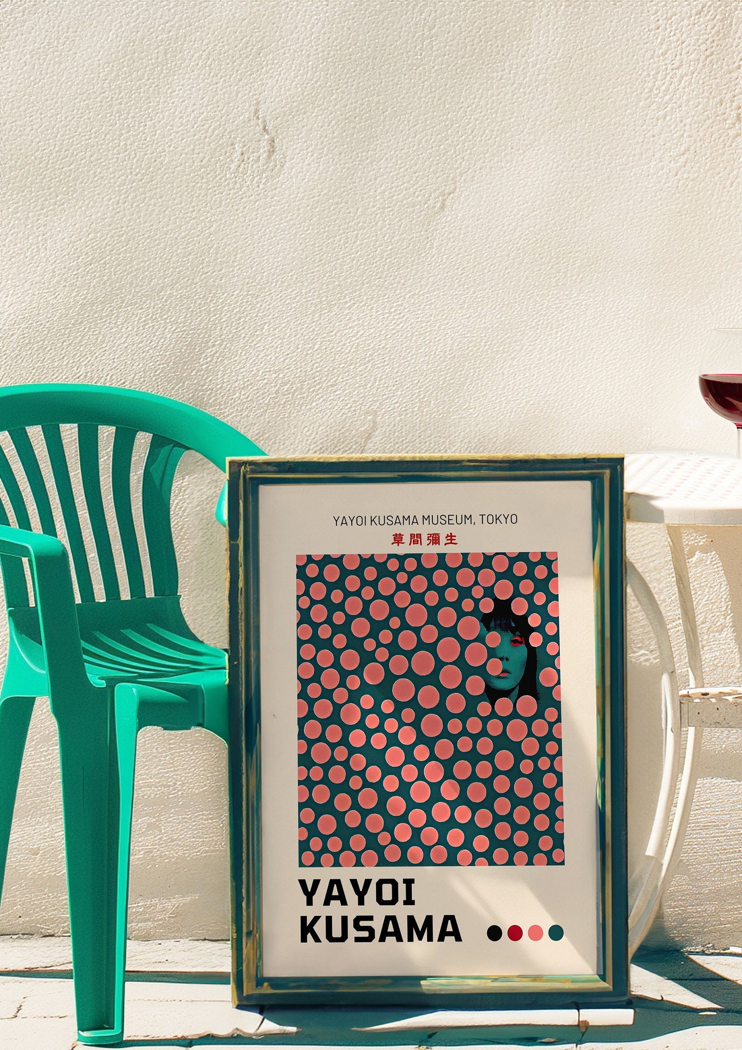 A striking Yayoi Kusama poster with her signature dot pattern. The poster showcases an abstract face behind a vibrant red dot overlay, highlighting the artist&#39;s unique style. Perfect for fans of Kusama&#39;s pop art.