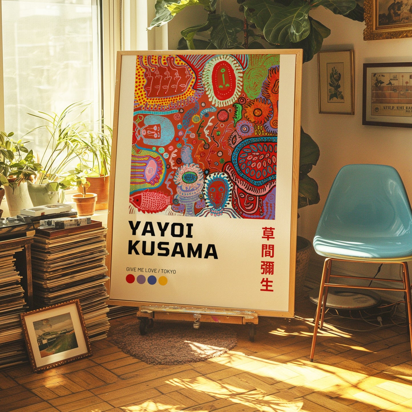 A striking Yayoi Kusama &quot;Give Me Love&quot; Tokyo poster featuring a vibrant abstract composition with intricate psychedelic shapes and dots in red, blue, and green tones.