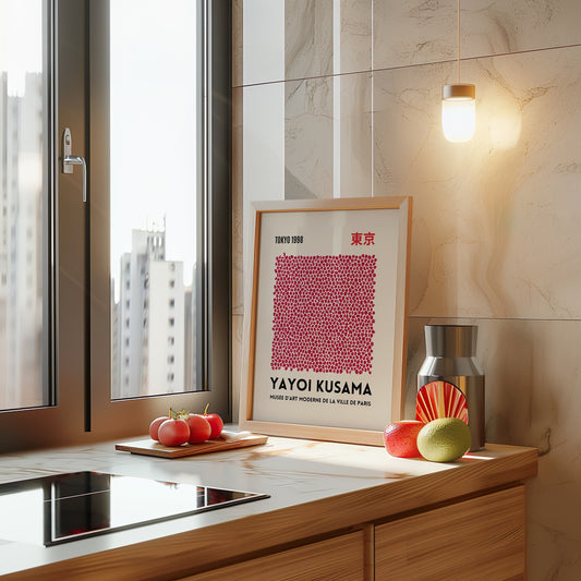 A framed Yayoi Kusama red dot art print from Tokyo 1998, displayed in a sleek modern kitchen with natural light. The minimalist poster features a dense arrangement of red polka dots on a white background, adding a touch of contemporary art.