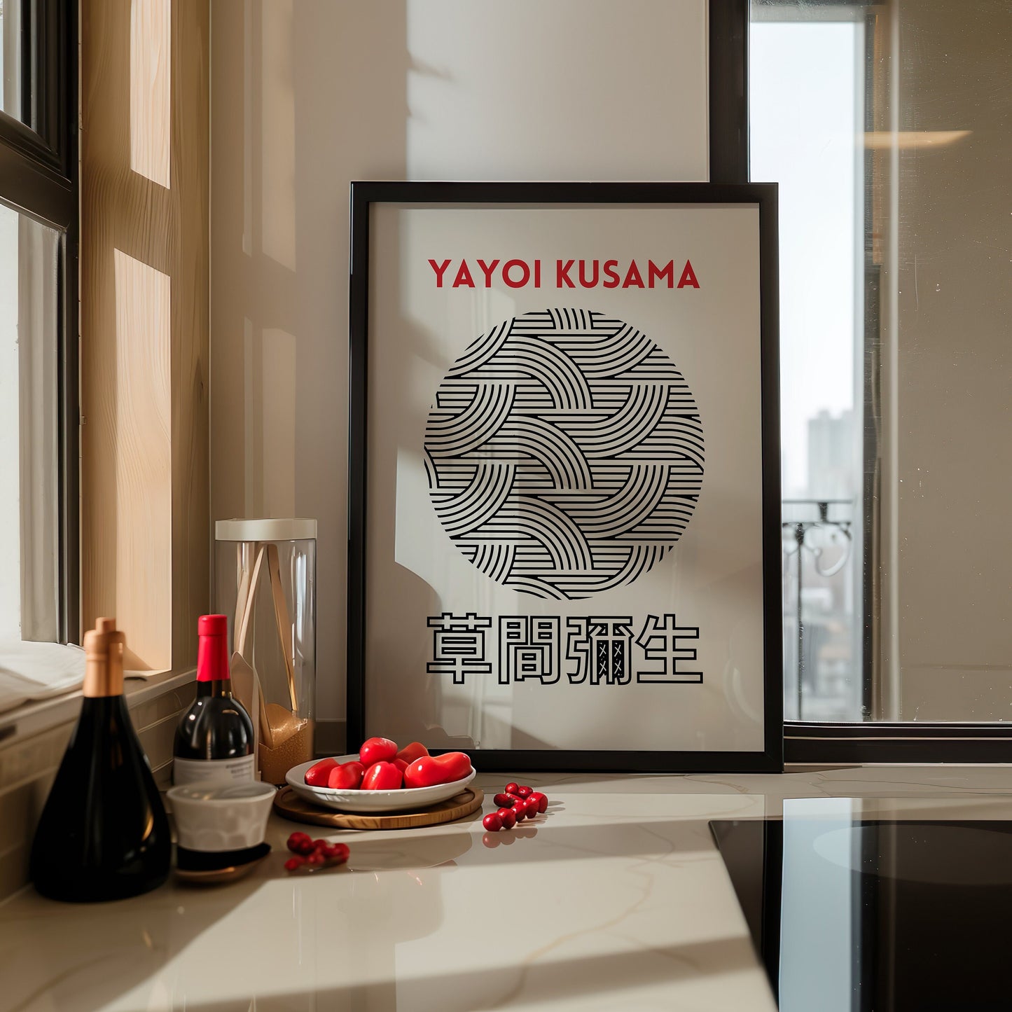 A black and white geometric art print inspired by Yayoi Kusama, featuring a circular design of interwoven lines. The framed poster is placed in a modern kitchen setting, adding a minimalist touch to the space.