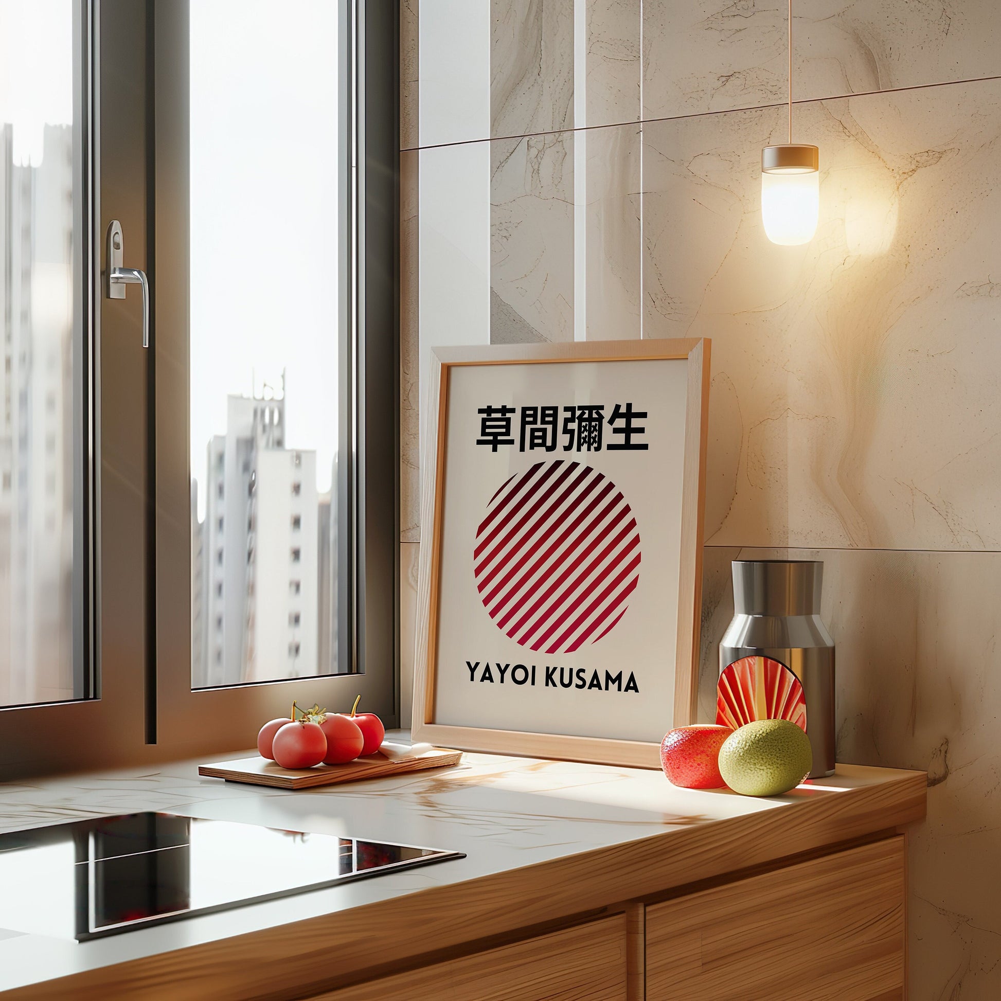 A minimalist red and black circular Yayoi Kusama-inspired art print placed on a windowsill, combining modern Japanese design with abstract geometric art.