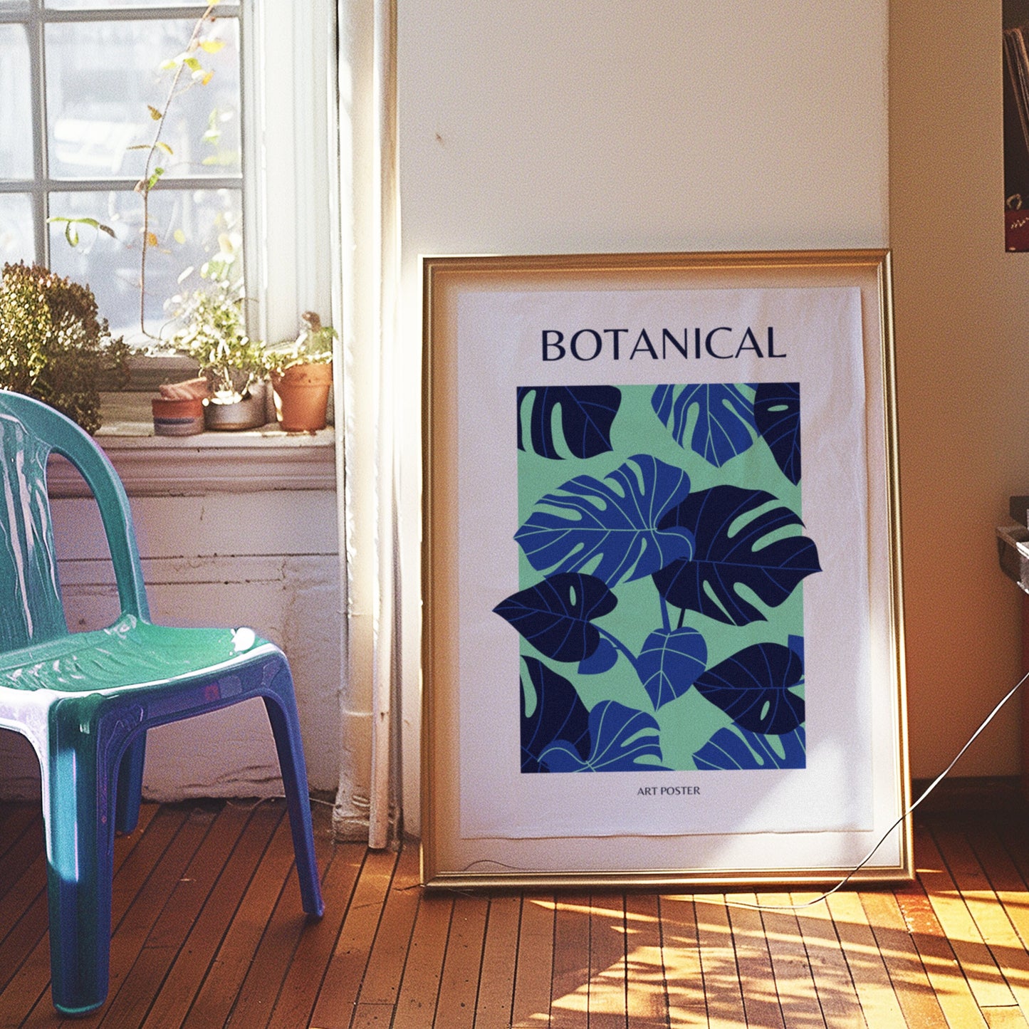 Botanical Art Poster, Tropical Leaf Wall Art, Green and Blue Nature Print, Monstera Leaf Decor, Minimalist Botanical Decor, Poster for Home