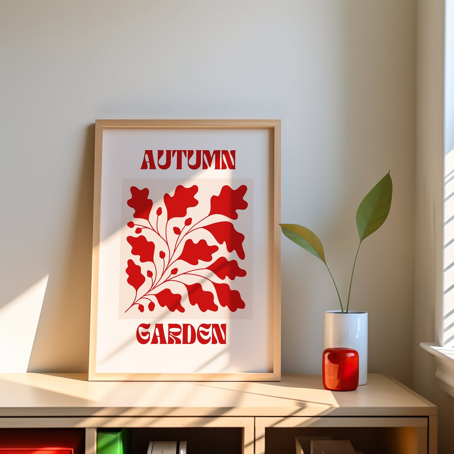 Autumn Garden Poster, Red Leaf Art Print, Seasonal Botanical Decor, Fall Wall Art, Nature-Inspired Poster, Red Leaf Art, Botanical Decor