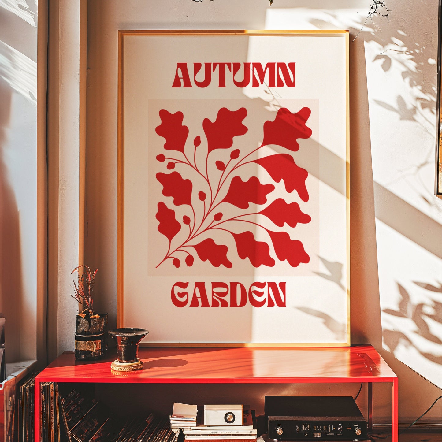 Autumn Garden Poster, Red Leaf Art Print, Seasonal Botanical Decor, Fall Wall Art, Nature-Inspired Poster, Red Leaf Art, Botanical Decor